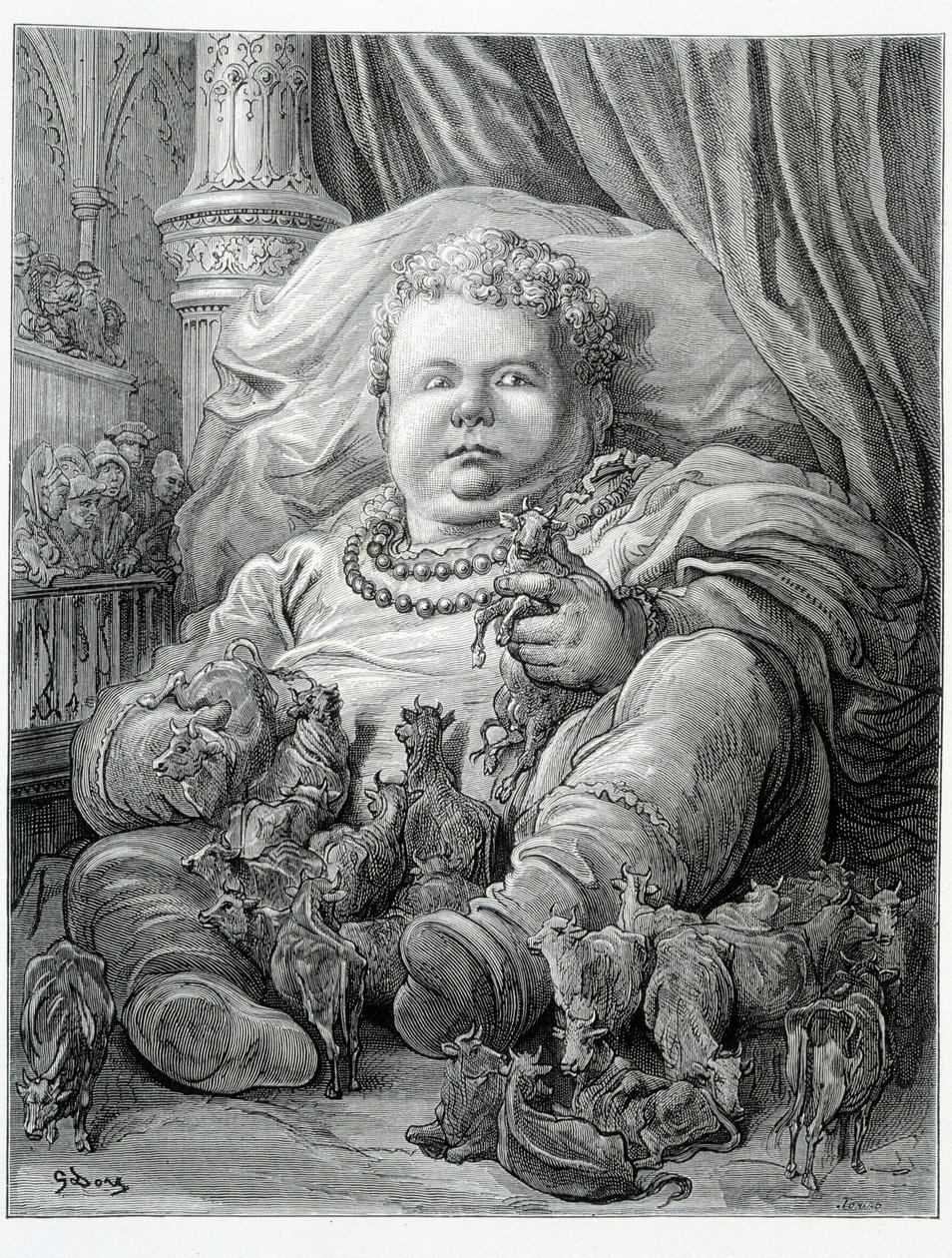 Pantagruel surrounds cows - in “” Gargantua”” by Rabelais, ill. Gustave Doré 作者 古斯塔夫·多尔（Gustave Dore）