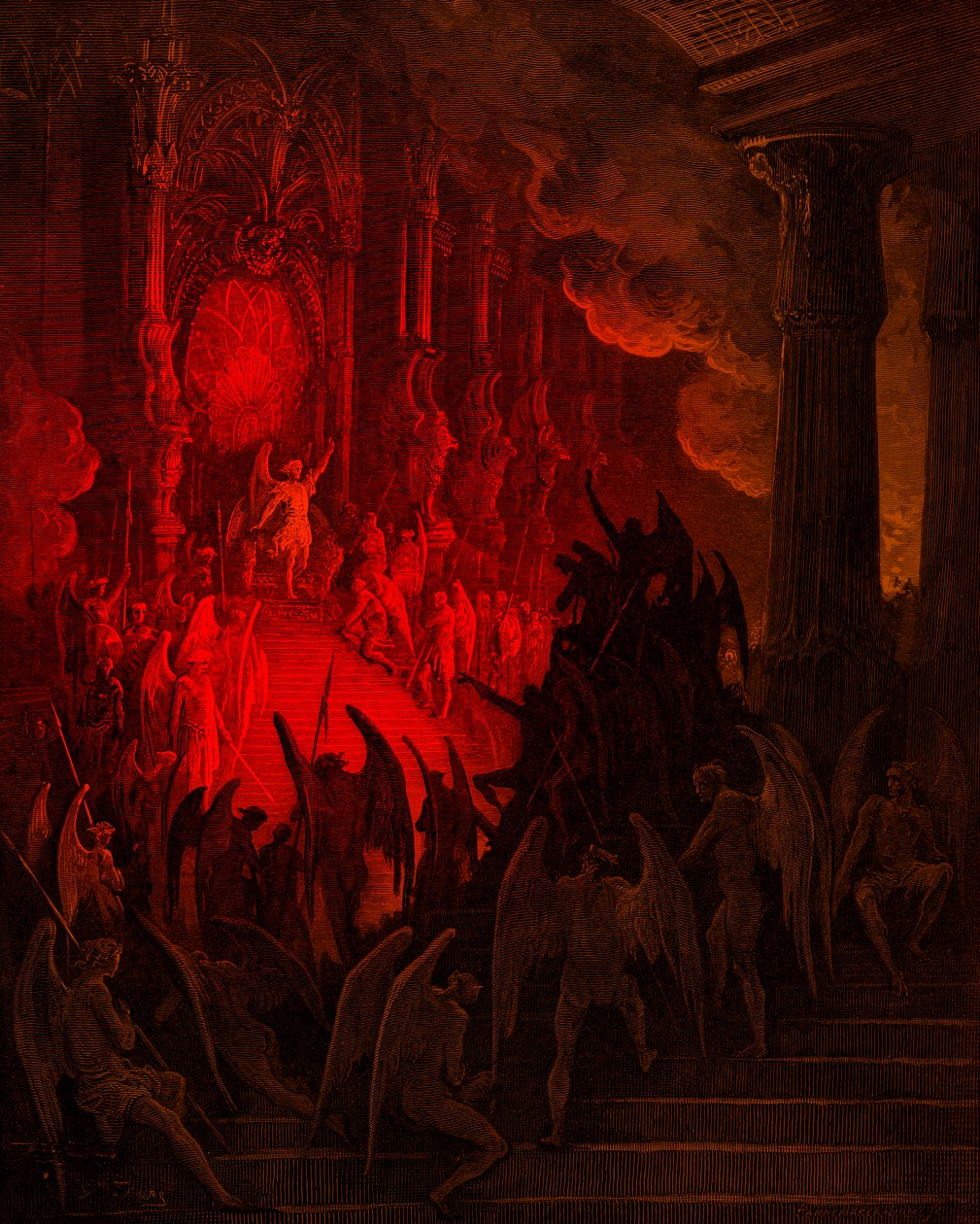 失乐园》。撒旦在议会中，古斯塔夫-多雷的版画作品 作者 古斯塔夫·多尔（Gustave Dore）