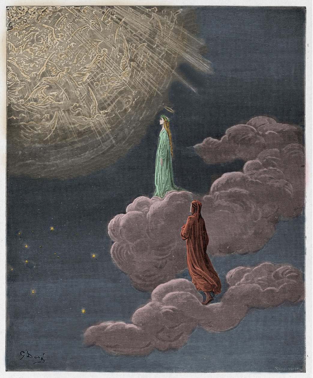 Paradiso，Canto 14：Dante和Beatrice翻译到火星球体，来自Dante Alighieri的“神曲”的插图，1885年 作者 古斯塔夫·多尔（Gustave Dore）