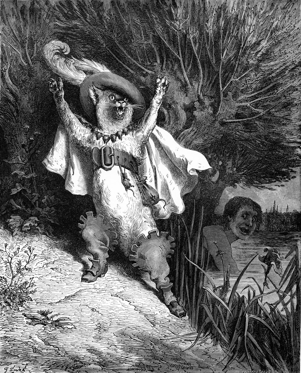 穿靴子的猫，古斯塔夫-多雷的版画。 作者 古斯塔夫·多尔（Gustave Dore）