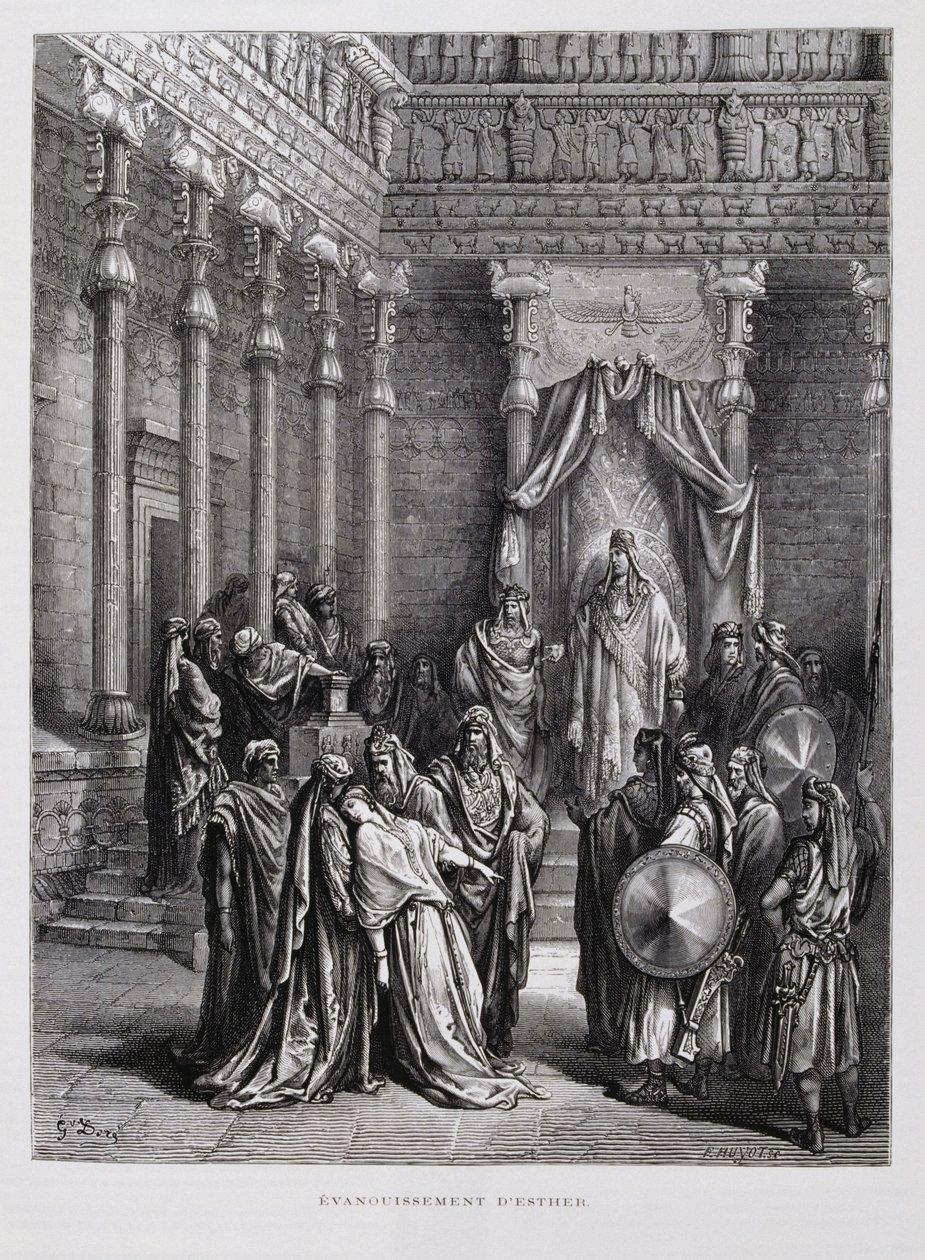 以斯帖王后在国王面前晕倒，插图选自《多尔圣经 作者 古斯塔夫·多尔（Gustave Dore）