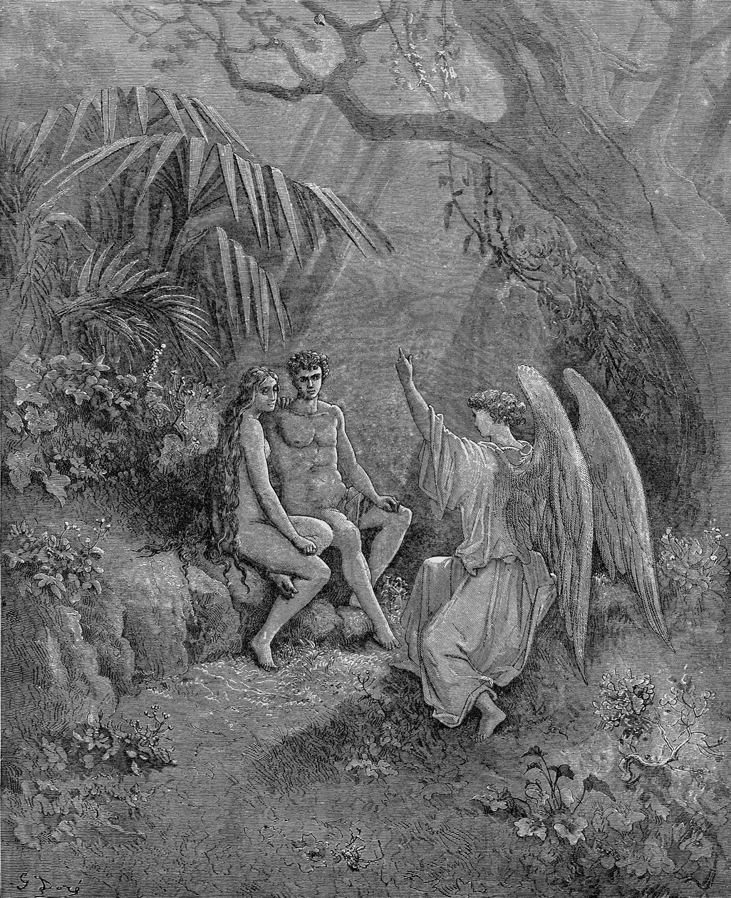 拉斐尔与亚当和夏娃交谈。约翰·弥尔顿失乐园的插图，1866年 作者 古斯塔夫·多尔（Gustave Dore）