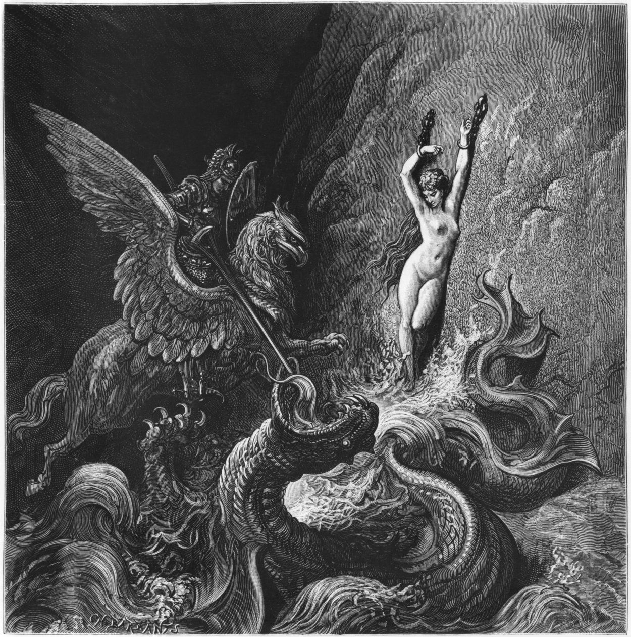 Ruggiero救出Angelica，插图来自Ludovico Ariosto（1474-1533）的《Orlando Furioso》第十节，1888年在巴黎出版（雕刻）。 作者 古斯塔夫·多尔（Gustave Dore）