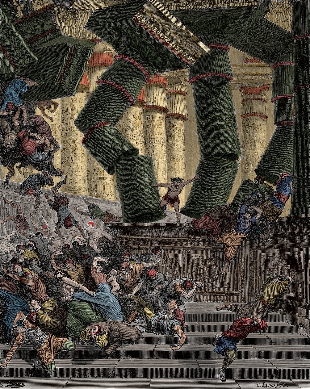 Samson bringing down the Temple of Dagon Engraving by Gustave Dore (1832-1883) 作者 古斯塔夫·多尔（Gustave Dore）