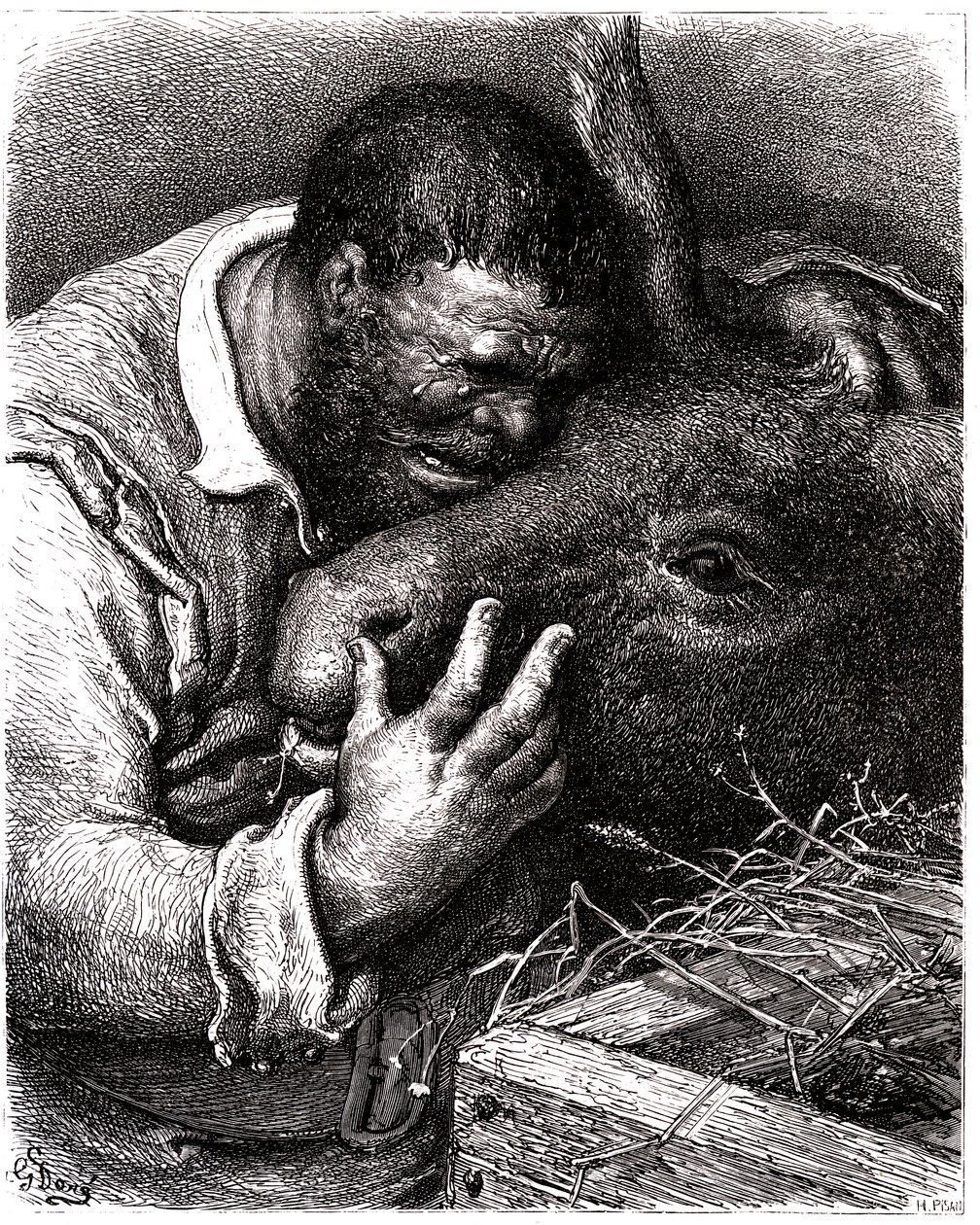 桑丘-潘沙一边哭一边亲吻他的驴子 作者 古斯塔夫·多尔（Gustave Dore）
