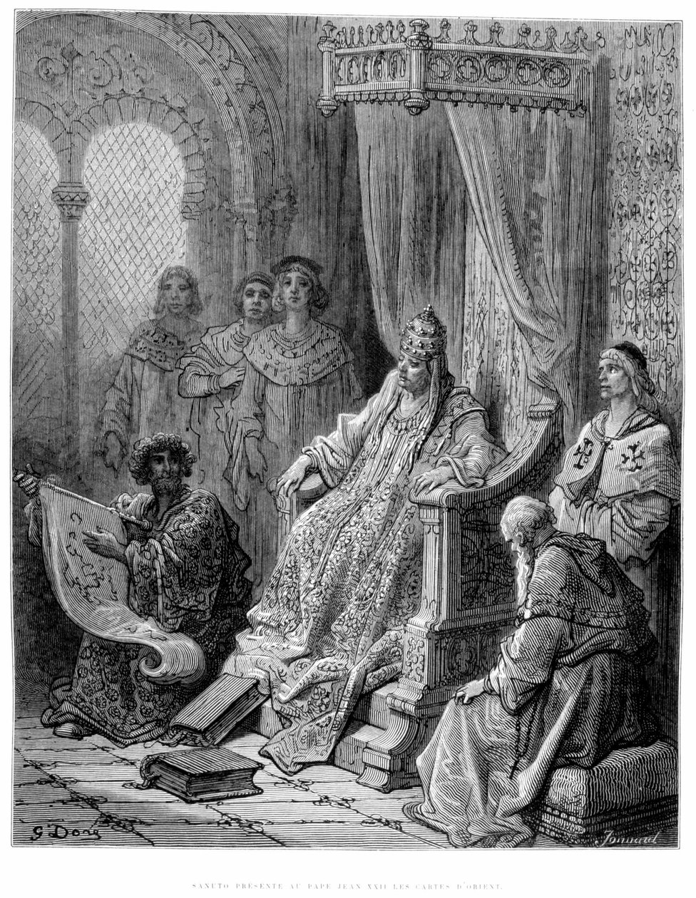 Sanuto presents to Pope John XXII the maps of Orient - engraving by Gustave Doré 作者 古斯塔夫·多尔（Gustave Dore）