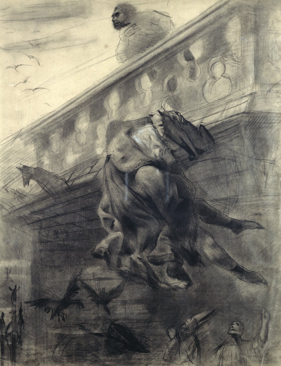 维克多·雨果（1802-85）的“巴黎圣母院”场景（铅笔和粉笔在纸上） 作者 古斯塔夫·多尔（Gustave Dore）
