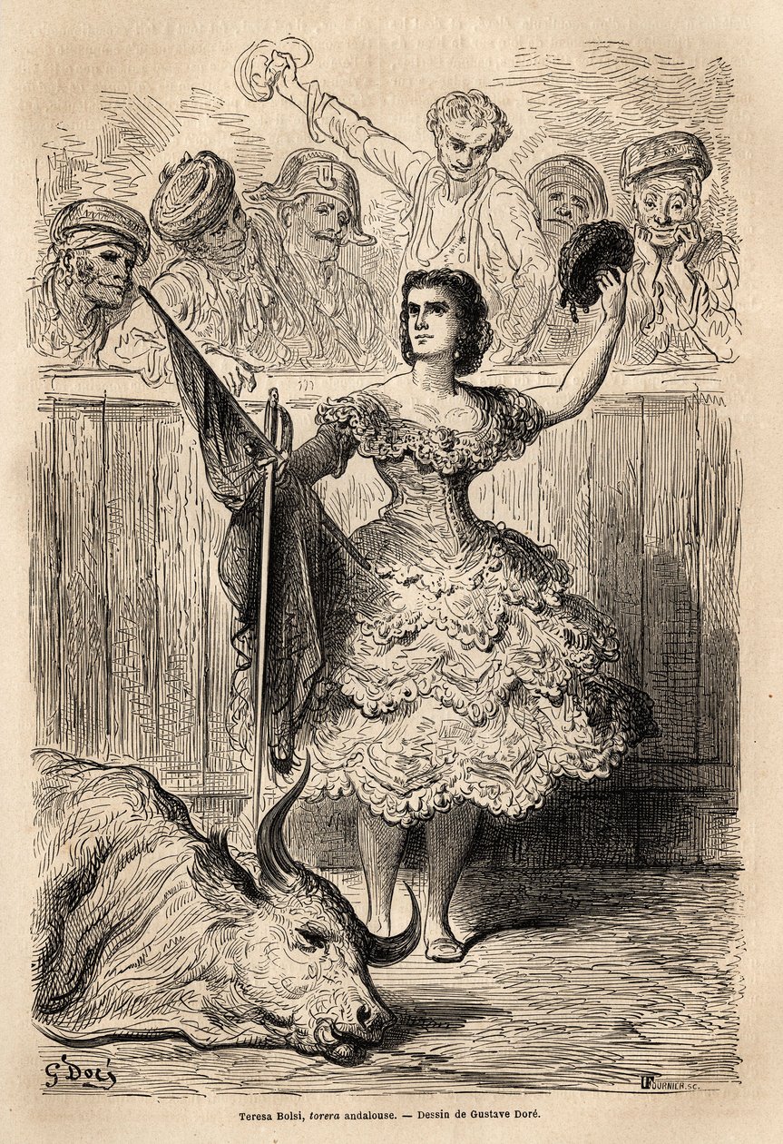 Scene of bullfighting: the triumph of Teresa Bolsi, Andalusian torrera, saluting the assembly that acclaim him in Seville. Sketch taken on the live by Gustave Dore (1832-1883). Engraving to illustrate the voyage in Spain, in 1862 by Charles Davillier and G 作者 古斯塔夫·多尔（Gustave Dore）