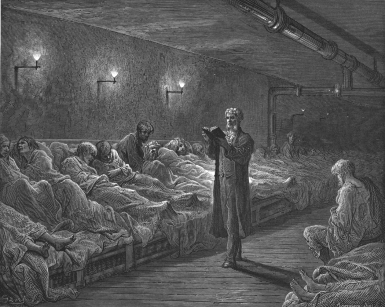 夜间避难所的读经人》，1872年。   作者 古斯塔夫·多尔（Gustave Dore）