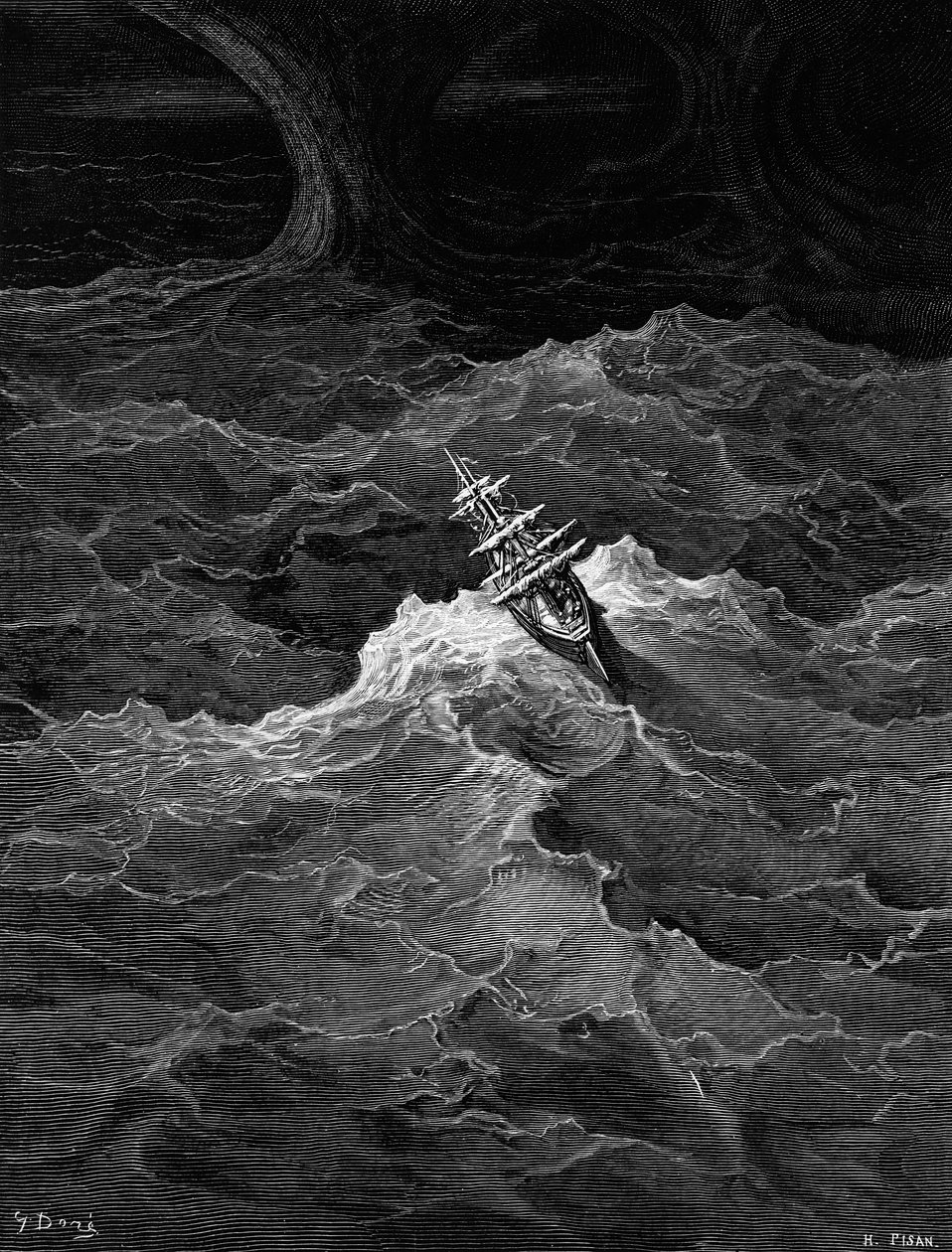 在风雨如磐的大海中航行，由ST Coleridge撰写的“古代水手的风筝”，由ST Coleridge出版，由纽约Harper und Brothers出版，1876年（木版画） 作者 古斯塔夫·多尔（Gustave Dore）