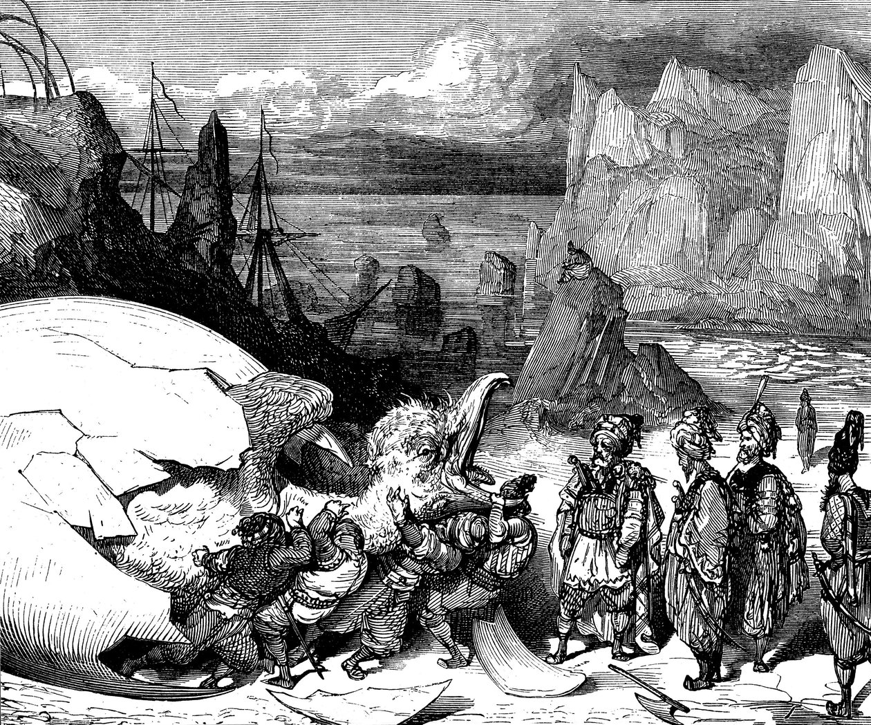 水手辛巴达（Sinbad）--一千零一夜（1001）的故事--古斯塔夫-多尔（Gustave Dore）的插图（细节）--麦克斯韦 1865 年版--第五次航行：辛巴达随行的商人们打破了巨鹏鸟巨大蛋的外壳，取出了一个蛋壳。 作者 古斯塔夫·多尔（Gustave Dore）