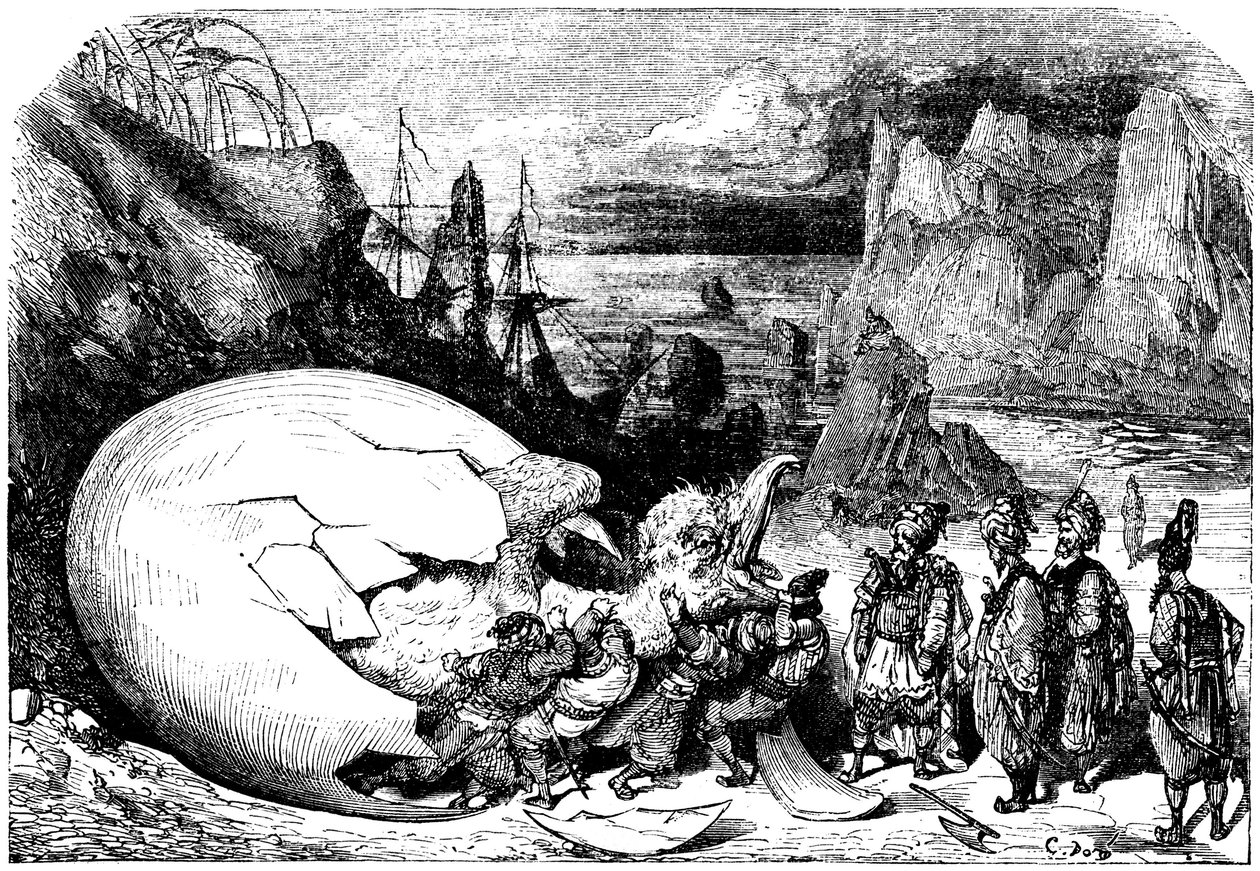 水手辛巴达（Sindbad）--一千零一个（1001）夜晚的故事--插图：古斯塔夫-多尔（Gustave Dore）--麦克斯韦 1865 年版--第五次航行：辛巴达随行的商人打破了巨鹏鸟巨大蛋的外壳，取出了一个巨大的婴儿 作者 古斯塔夫·多尔（Gustave Dore）