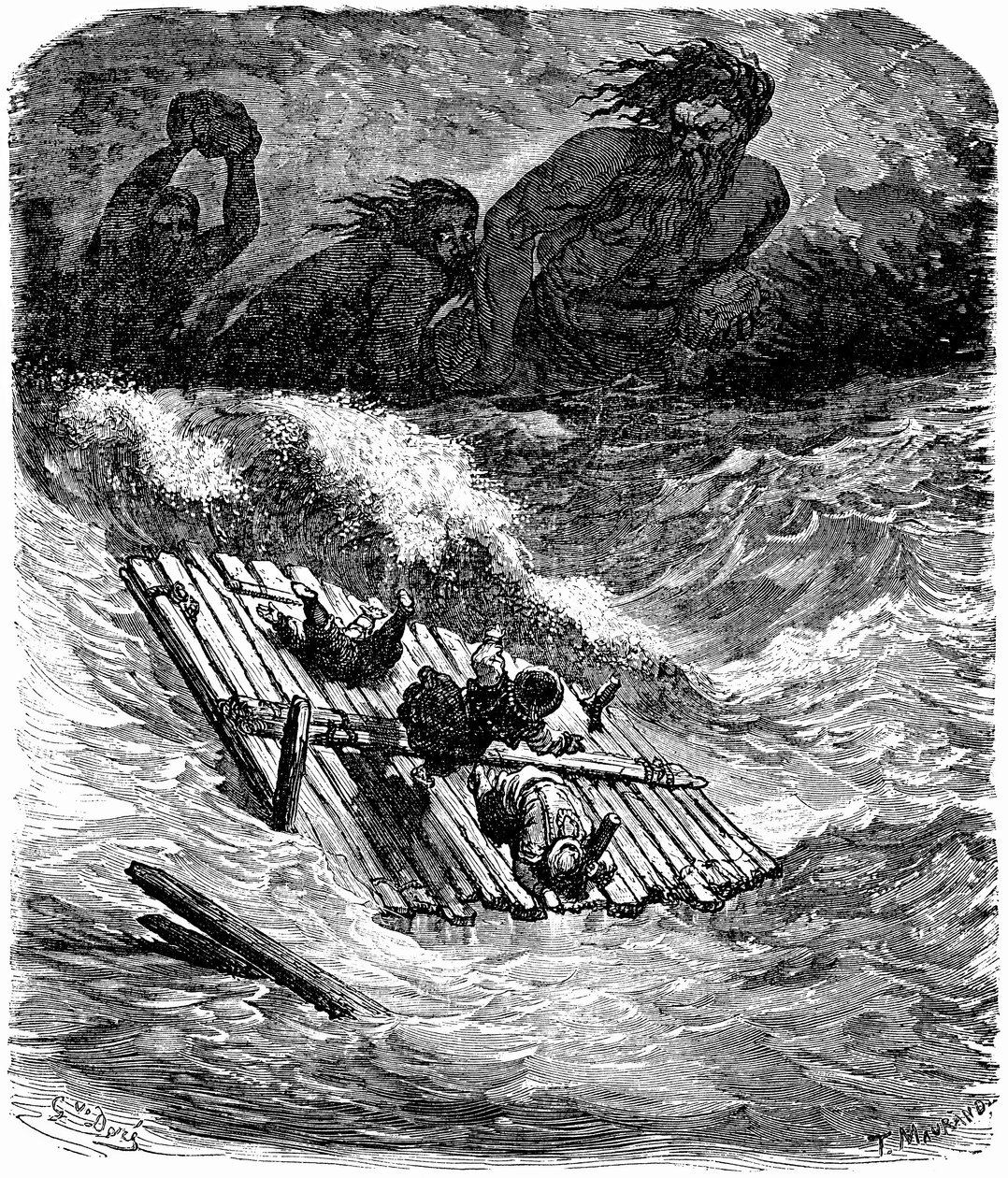 水手辛巴达（Sinbad）--一千零一个（1001）夜晚的故事--古斯塔夫-多尔（Gustave Dore）绘制的插图--1865 年马克斯韦尔版--第三次航行：辛巴达和他的同伴乘木筏出海，被巨人追赶，巨人向他们投掷巨石。 作者 古斯塔夫·多尔（Gustave Dore）