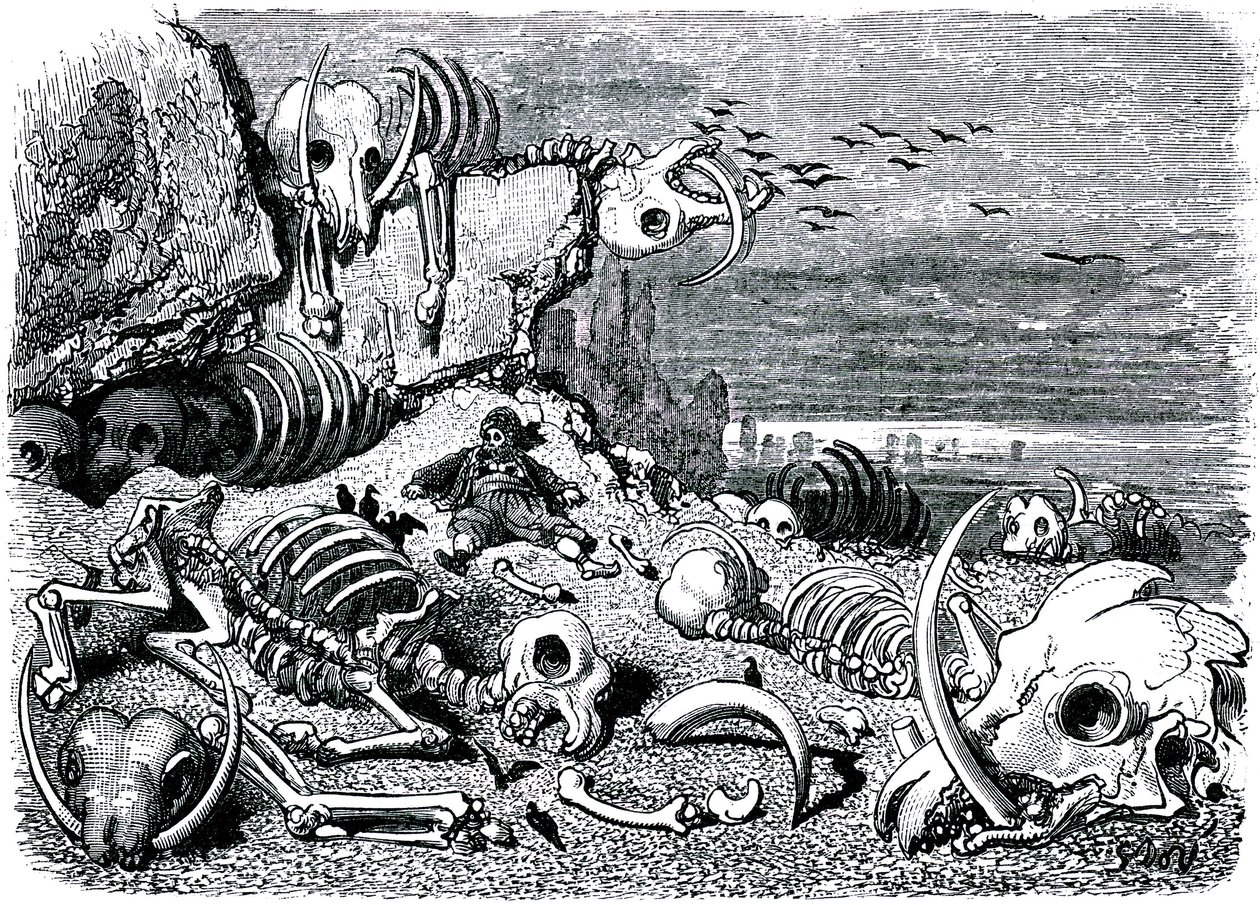 水手辛巴达（Sinbad）--一千零一夜（1001）的故事--古斯塔夫-多尔（Gustave Dore）的插图--1865 年马克斯韦尔版--第七次也是最后一次航行：大象的墓地，辛巴达将在那里找回象牙防线 作者 古斯塔夫·多尔（Gustave Dore）