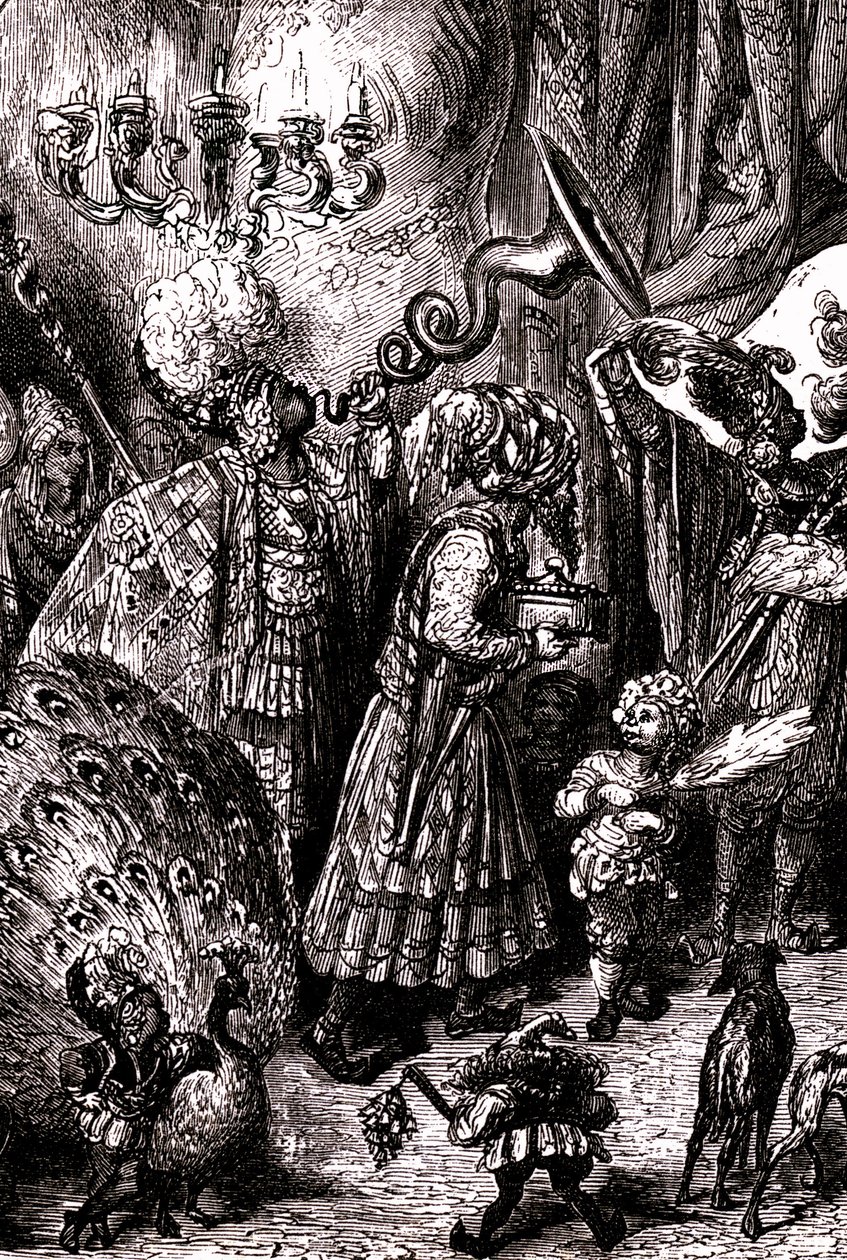 水手辛巴达（Sindbad）--一千零一夜（1001）的故事--古斯塔夫-多尔（Gustave Dore）的插图（细节）--麦克斯韦 1865 年版--第六次航行：前往塞兰迪布国王的宫廷 作者 古斯塔夫·多尔（Gustave Dore）