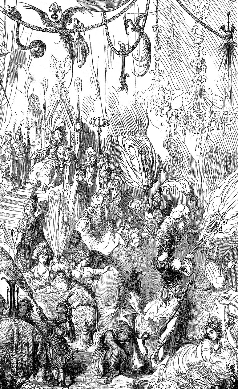 水手辛巴达（Sinbad）--一千零一夜（1001）的故事--古斯塔夫-多尔（Gustave Dore）绘制的插图--麦克斯韦 1865 年版--第六次航行--这幅版画可以表现塞伦迪布国王的宫廷，也可以表现哈里发哈伦-拉希德（Harun al-Rashid）的宫廷。 作者 古斯塔夫·多尔（Gustave Dore）