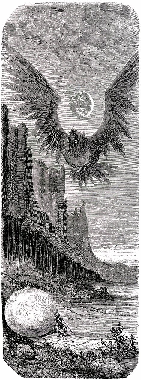 水手辛巴达（Sindbad）--一千零一个（1001）夜晚的故事--古斯塔夫-多尔（Gustave Dore）绘制的插图--1865 年马克斯韦尔版--第二次航行：辛巴达在一个小岛上发现了巨鸟大鹏的巨蛋，并遭到这只巨鸟的攻击。 作者 古斯塔夫·多尔（Gustave Dore）