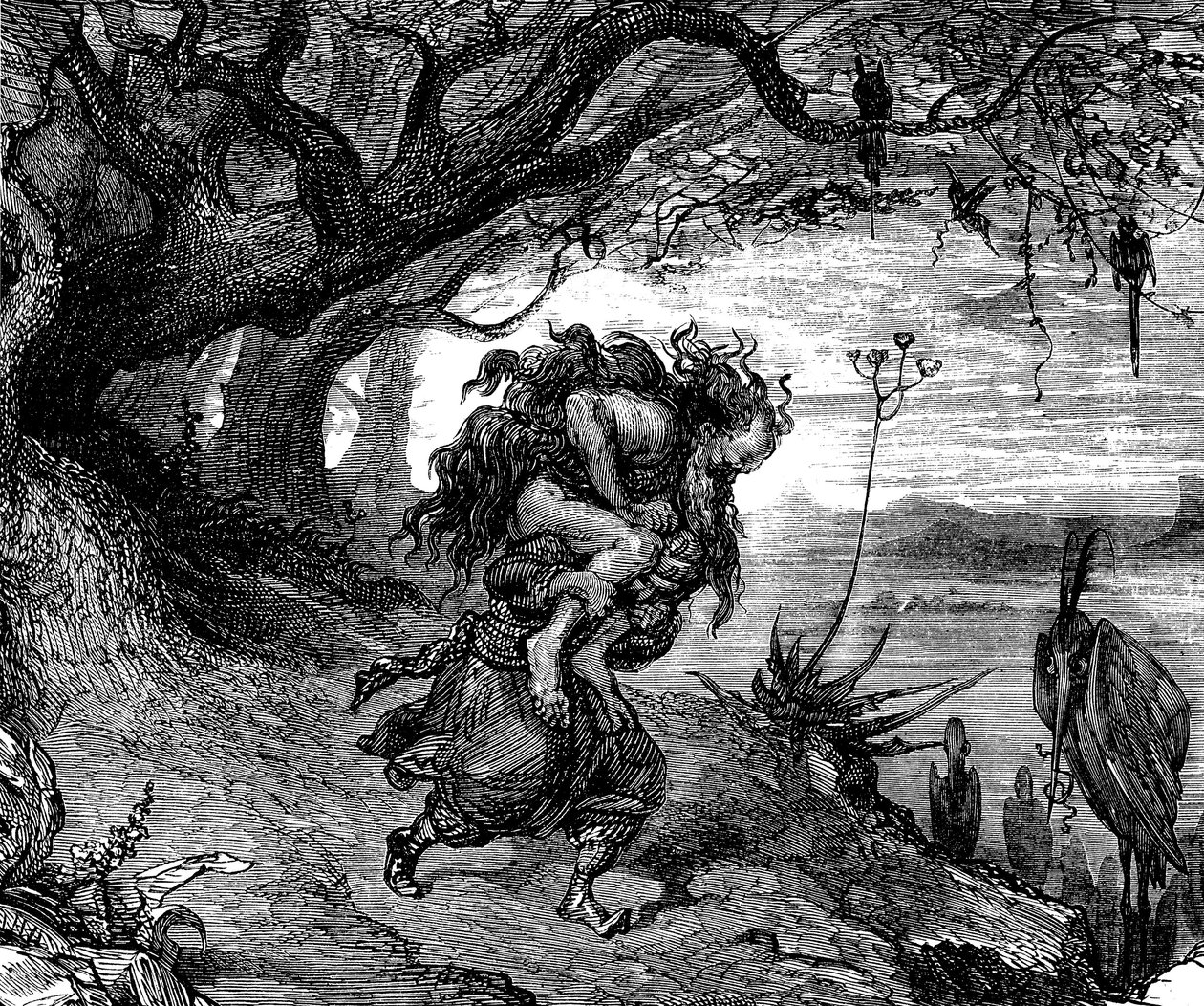 水手辛巴达（Sindbad）--一千零一夜的故事（1001）--古斯塔夫-多尔（Gustave Dore）的插图（细节）--麦克斯韦 1865 年版--第五次航行：辛巴达被迫将一个老人扛在肩上，老人紧紧地抱着他，他再也无法摆脱他。 作者 古斯塔夫·多尔（Gustave Dore）