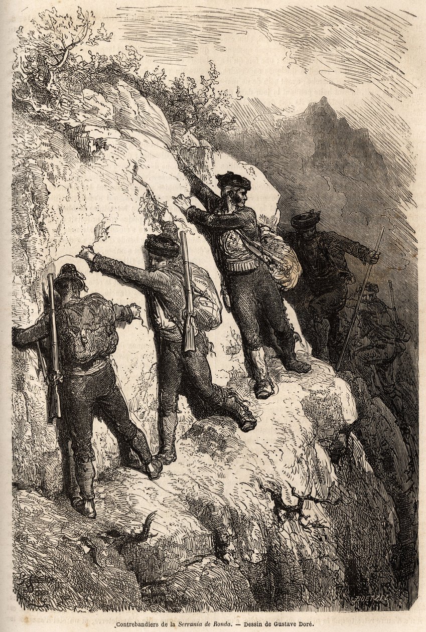 来自 Serrania de Ronda 的走私者。 古斯塔夫·多尔（Gustave Dore，1832-1883 年）的绘画，以说明他 1862 年的西班牙之行，与 Ch. 戴维利耶。 雕刻在“Le tour du monde”，Edouard Charton 编辑 作者 古斯塔夫·多尔（Gustave Dore）