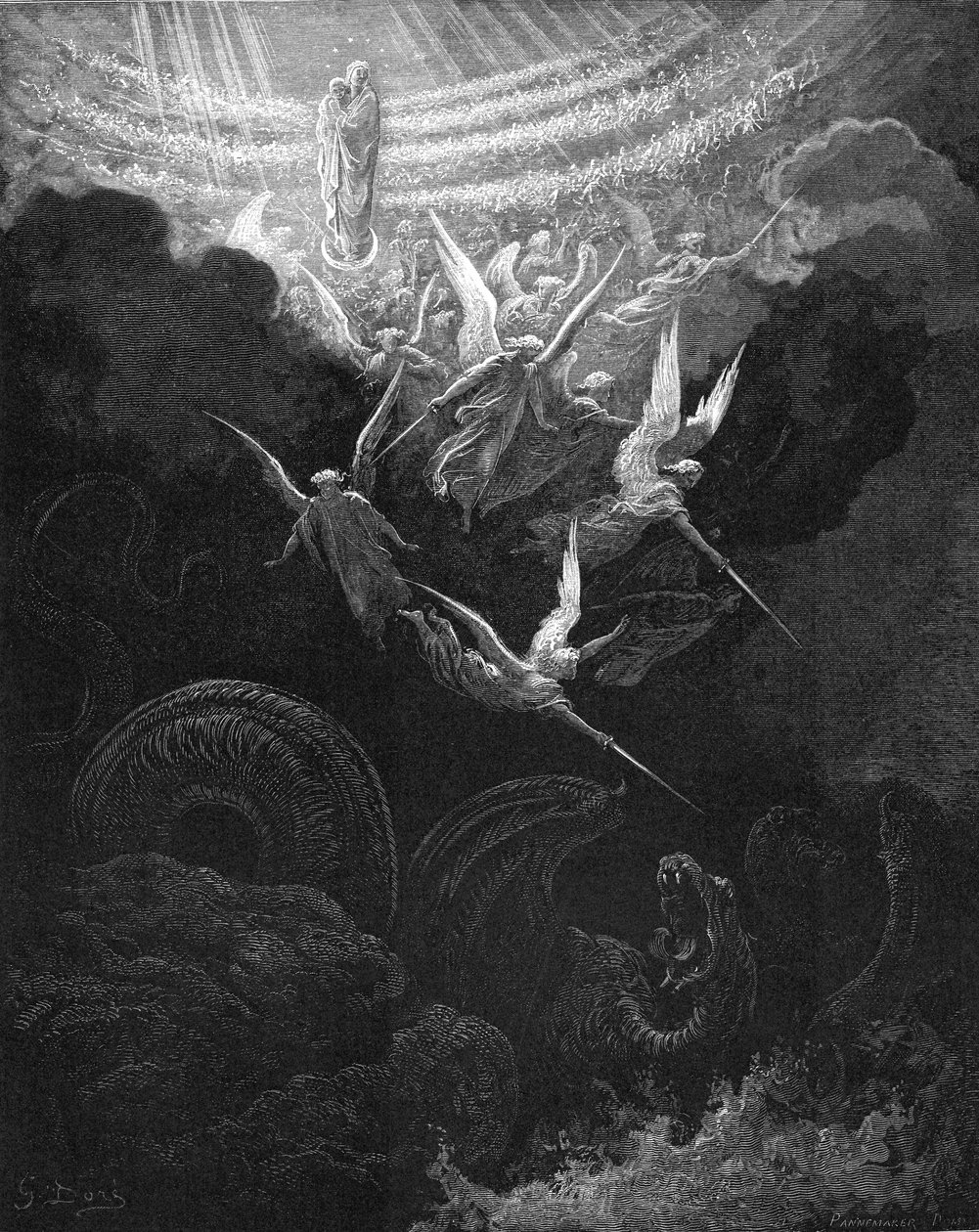 大天使米迦勒和他的天使与龙作战，1865-1866年 作者 古斯塔夫·多尔（Gustave Dore）