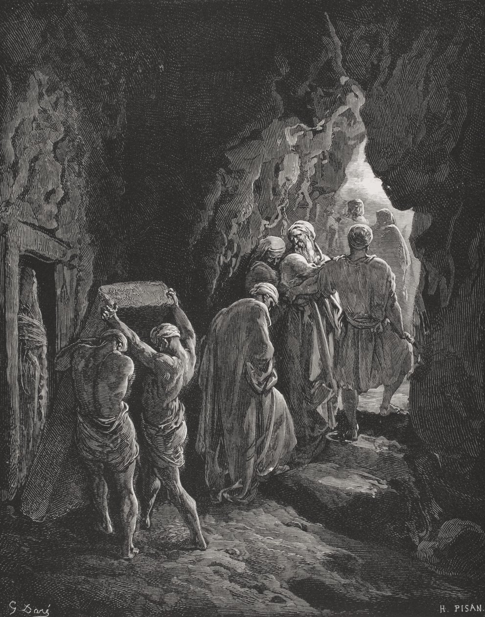 萨拉的葬礼，来自多尔的“圣经”的插图，由皮桑雕刻，1866年 作者 古斯塔夫·多尔（Gustave Dore）
