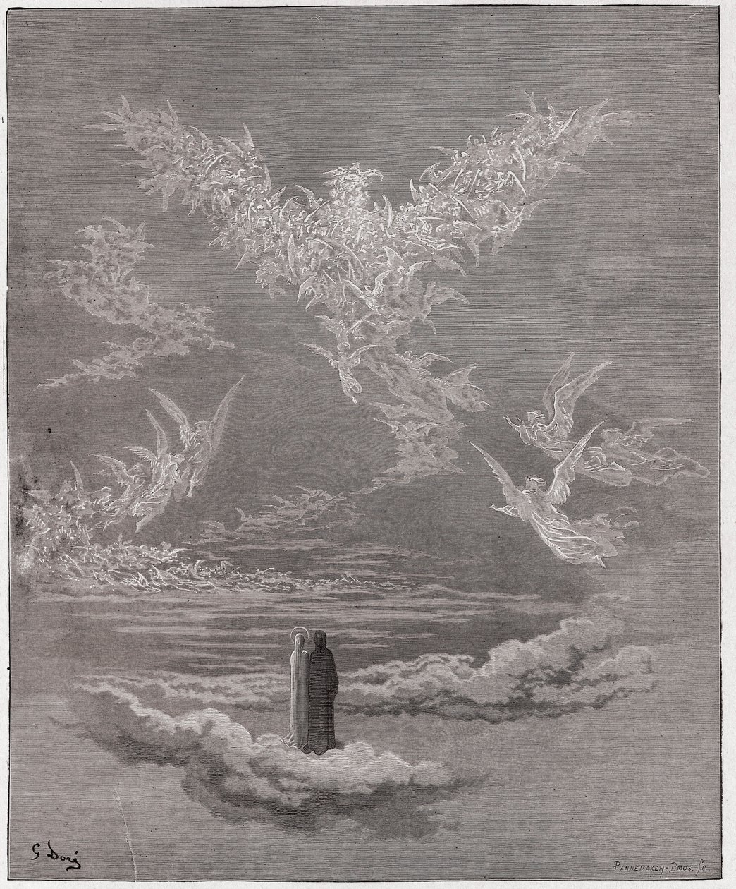 神曲》（La Divina Commedia, La Divine Comedie），《帕拉迪索》，第19节：受祝福的灵魂在空中形成一只鹰--但丁-阿利吉耶里（1265-1321）--古斯塔夫-多尔（1832-1883）的插图。 作者 古斯塔夫·多尔（Gustave Dore）