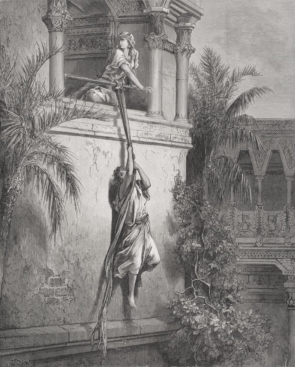 大卫逃离窗户，插图来自多尔的“圣经”，1866年 作者 古斯塔夫·多尔（Gustave Dore）