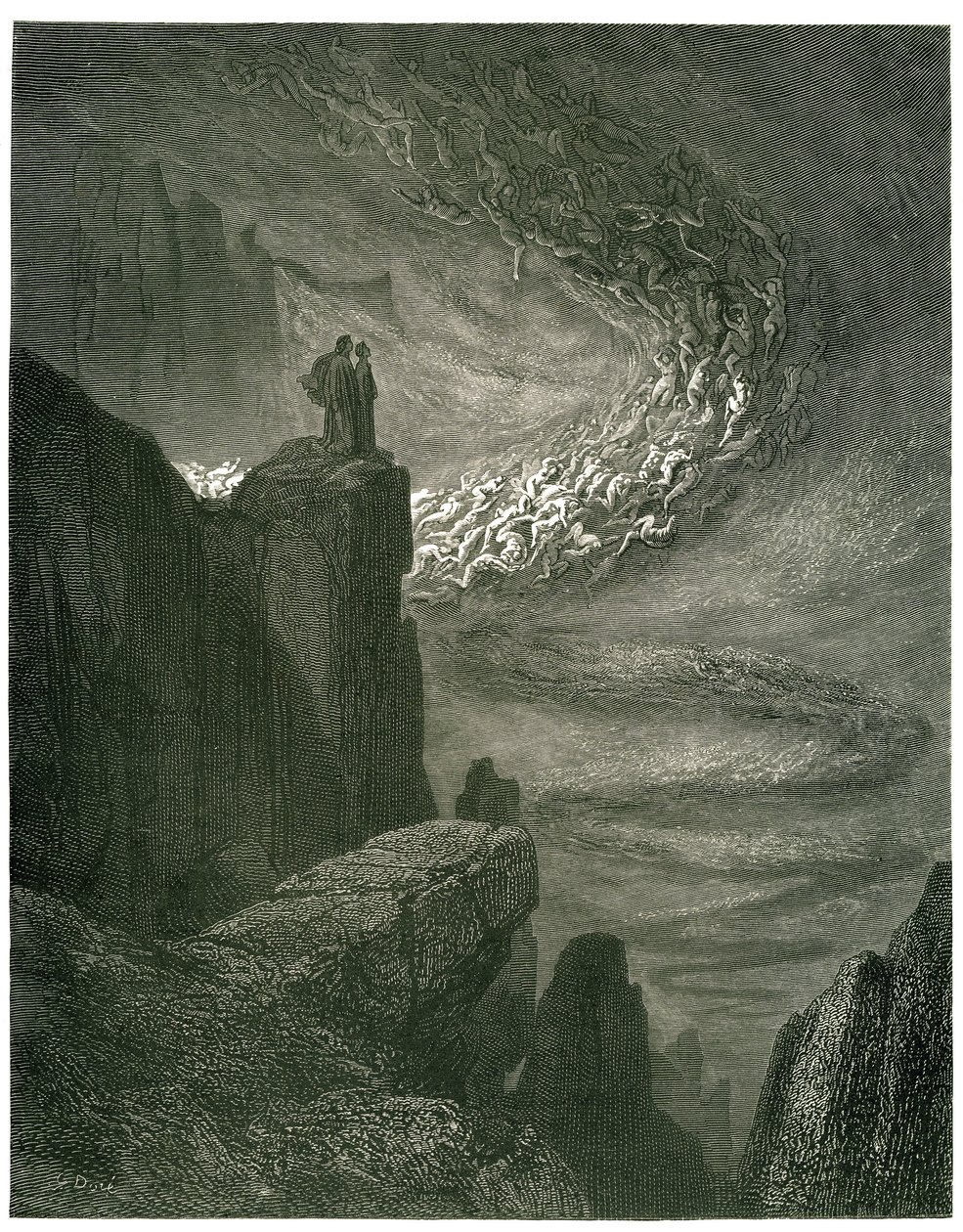 古斯塔夫·多雷绘制的《但丁·阿利吉耶里的地狱》（《神曲》）。 1861 年法文版。“地狱风暴，永远不复存在/留下掠夺的灵魂。 （永不停息的地狱飓风，将灵魂卷入旋风之中）”， 作者 古斯塔夫·多尔（Gustave Dore）