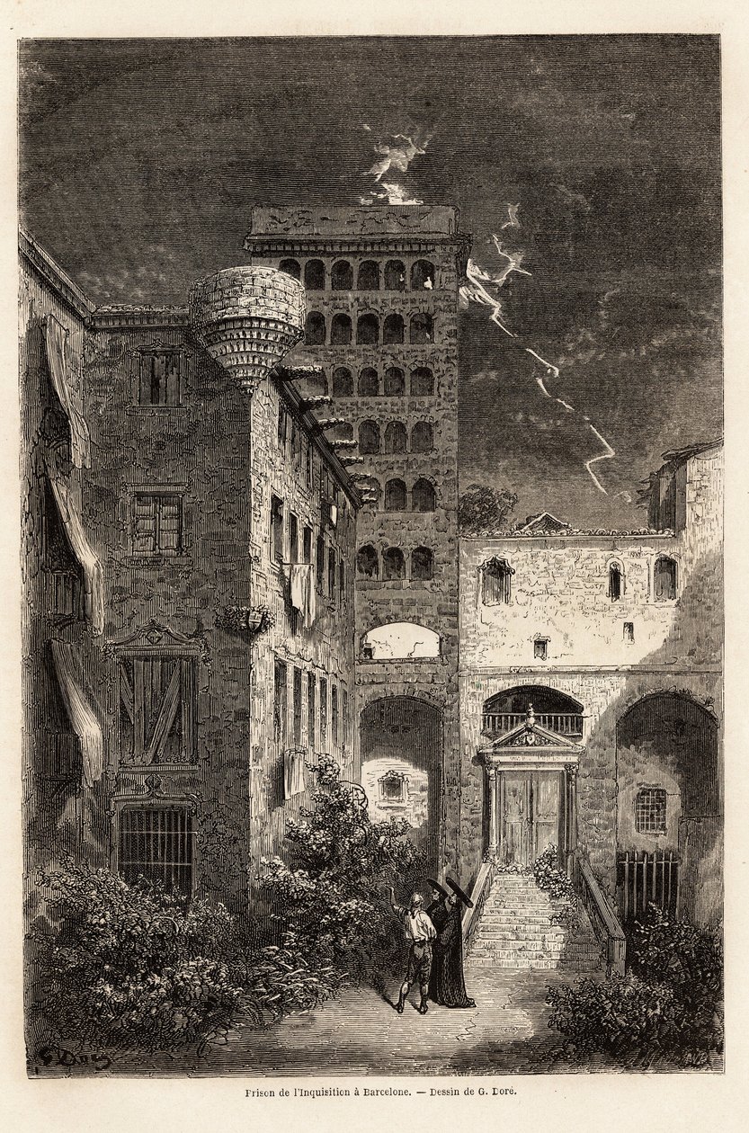 巴塞罗那的宗教裁判所监狱，由古斯塔夫-多尔（1832-1883）绘制，用于说明他在1862年与C.Davillier前往西班牙的旅程。雕刻在《世界之旅》中，由Edouard Charton编辑。 作者 古斯塔夫·多尔（Gustave Dore）