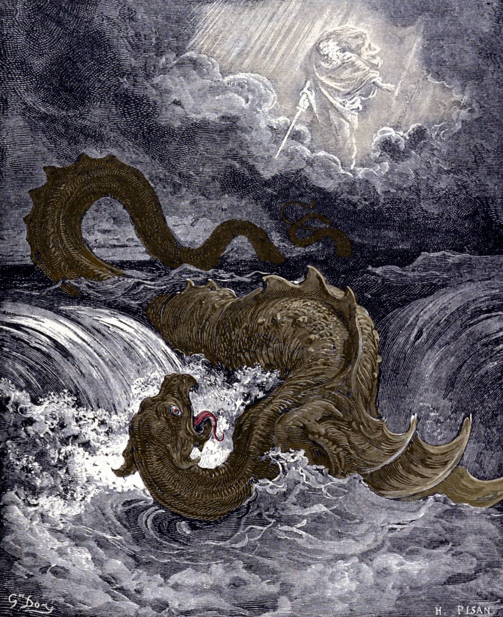 利维坦，类似于《圣经》中提到的海蛇的海怪。古斯塔夫-多尔为《圣经》绘制的插图。19世纪的雕版画。 作者 古斯塔夫·多尔（Gustave Dore）