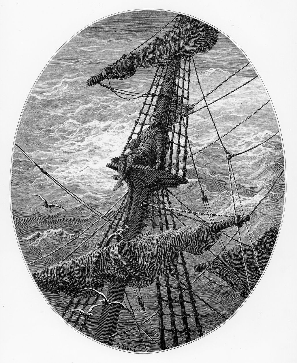 暴风雨期间，水手在桅杆上升起，由ST Coleridge出版的“The Riner of the Ancient Mariner”，由Harper und Brothers，纽约出版，1876年（木版画） 作者 古斯塔夫·多尔（Gustave Dore）