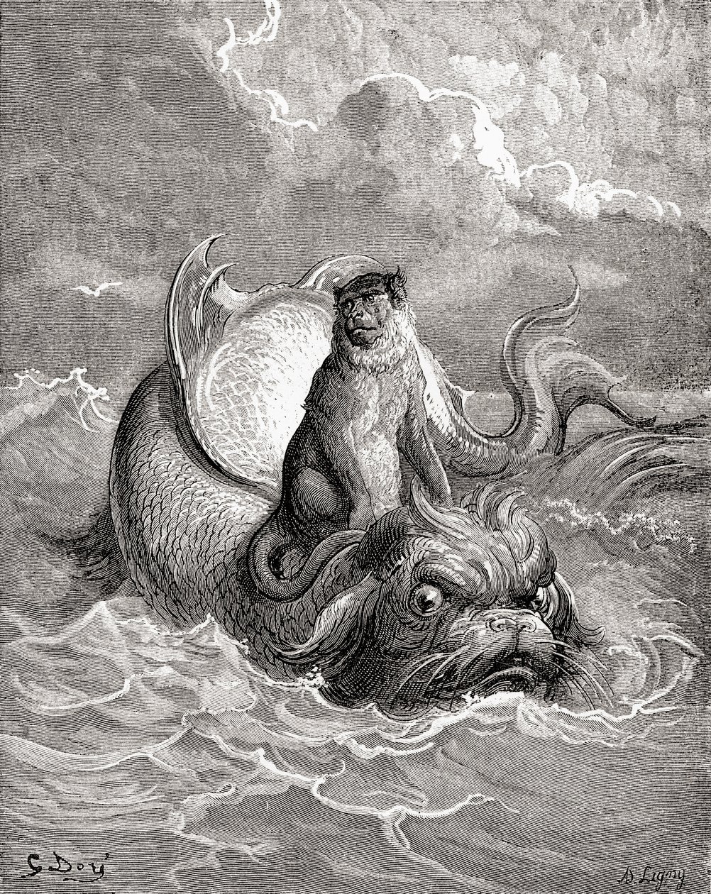 猴子和海豚》取材于古斯塔夫-多尔为拉封丹寓言创作的作品。选自《古斯塔夫-多尔的生平与回忆》，1885 年出版。 作者 古斯塔夫·多尔（Gustave Dore）