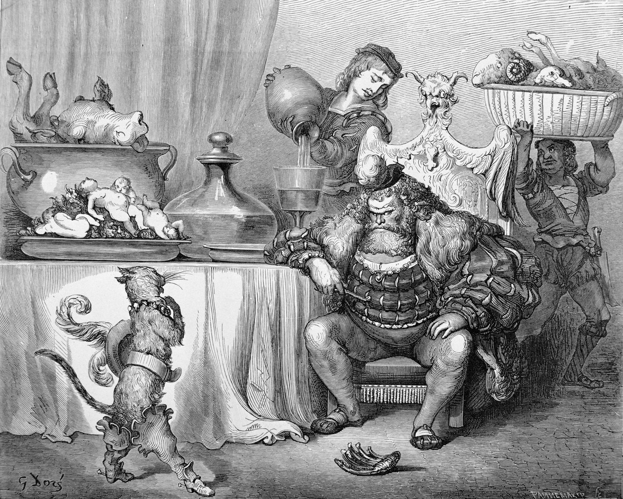 食人魔收到猫，插图为&39;穿靴子的猫&39;由Charles Perrault（1628-1703）1883年 作者 古斯塔夫·多尔（Gustave Dore）