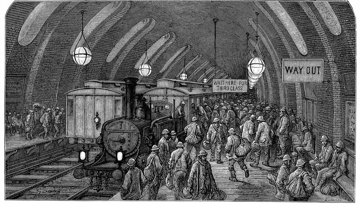 工人列车》。选自 Gustave Dore 和 Blanchard Jerrold London：1872 年伦敦朝圣之旅。这幅画展示的是 1863 年开通的大都会（地下）铁路高尔街站的蒸汽火车。工人们匆忙赶乘早班车 作者 古斯塔夫·多尔（Gustave Dore）