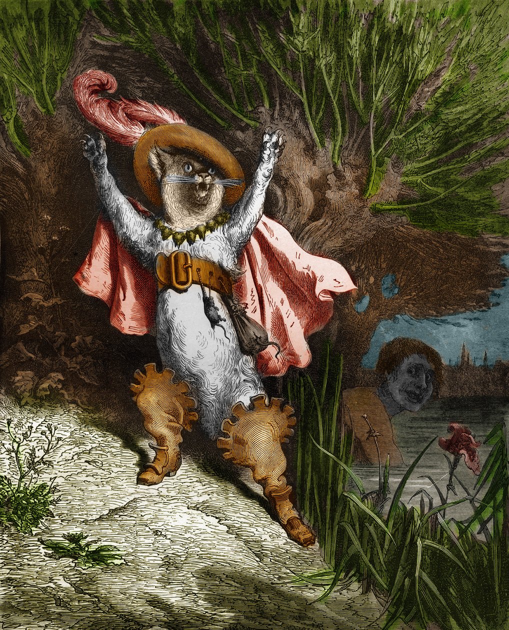 靴猫在呼救。古斯塔夫-多尔（Gustave Dore，1832-1883）的版画，出自查尔斯-佩罗（Charles Perrault，1628-1703）的《故事》。 作者 古斯塔夫·多尔（Gustave Dore）
