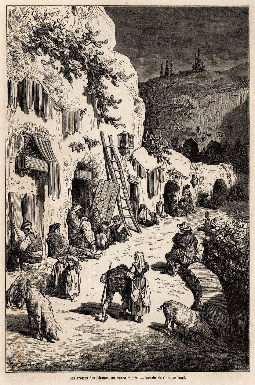 The caves (underground houses) of gypsies, in Sacro Monte, in Granada. Drawing by Gustave Dore (1832-1883), to illustrate his trip to Spain in 1862, accompanied by Ch.Davillier. Engraving in “” Le tour du monde””, edited by Edouard Charton 作者 古斯塔夫·多尔（Gustave Dore）