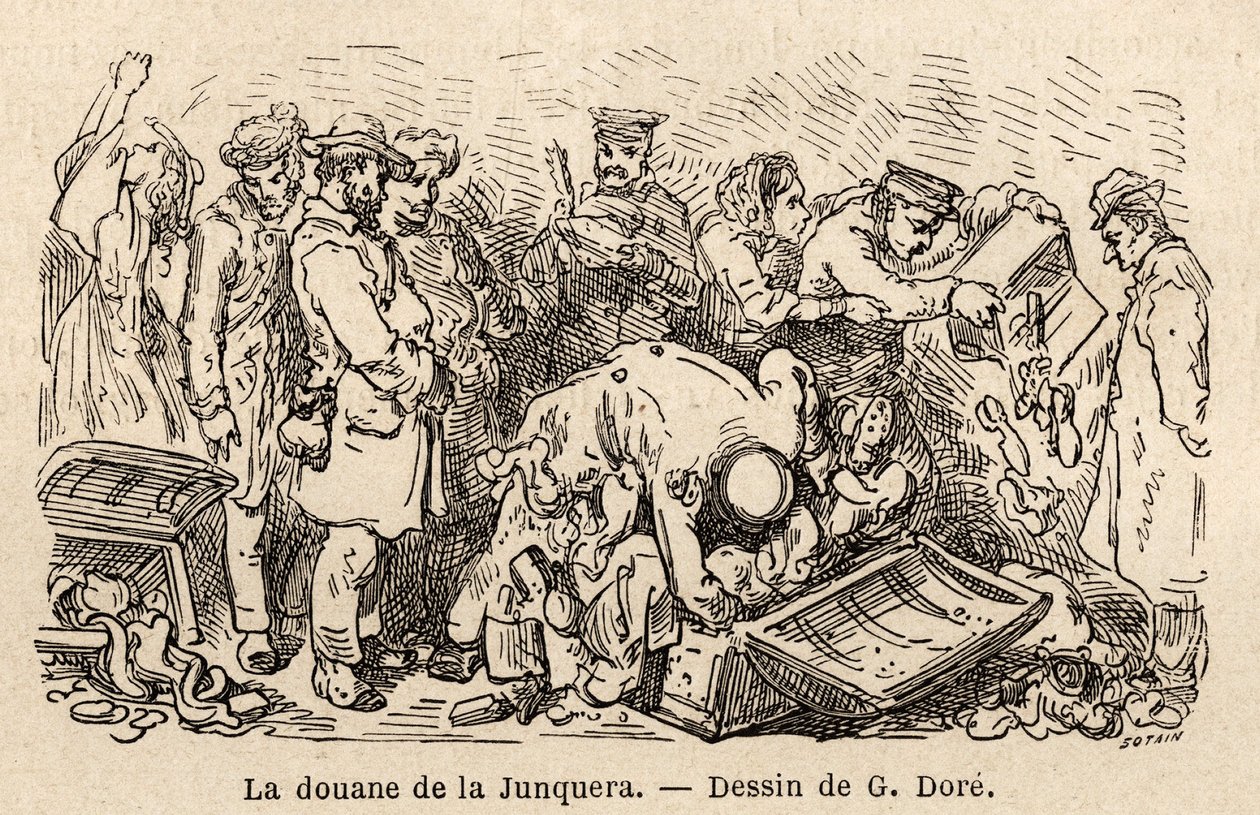 junquera（位于加泰罗尼亚和赫罗纳省之间的城市）的风俗，由 Gustave Dore（1832-1883 年）绘制，以说明他于 1862 年与 C. Davillier 的西班牙之旅。雕刻在“” Le tour du monde “”，由爱德华·查顿编辑 作者 古斯塔夫·多尔（Gustave Dore）