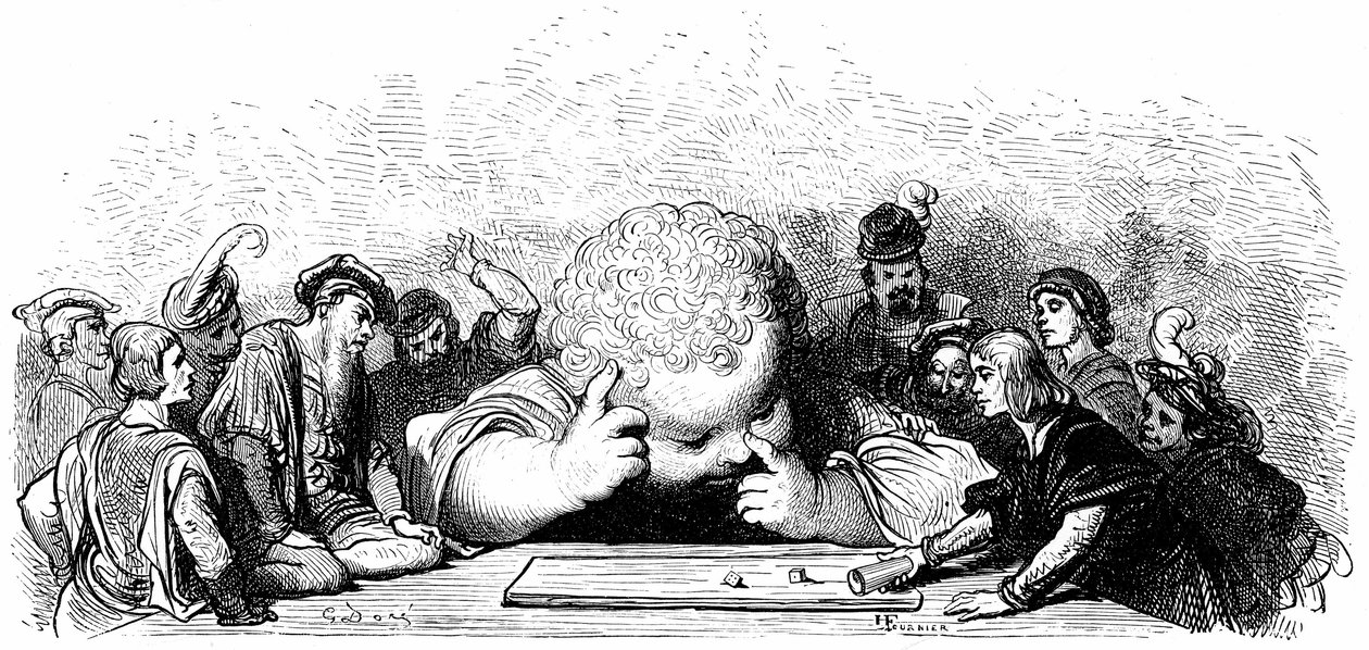 甘特-加冈图亚（Gant Gargantua）孩子的教育：他学会了弹琴。古斯塔夫-多尔为弗朗索瓦-拉伯雷的作品绘制的插图。 作者 古斯塔夫·多尔（Gustave Dore）