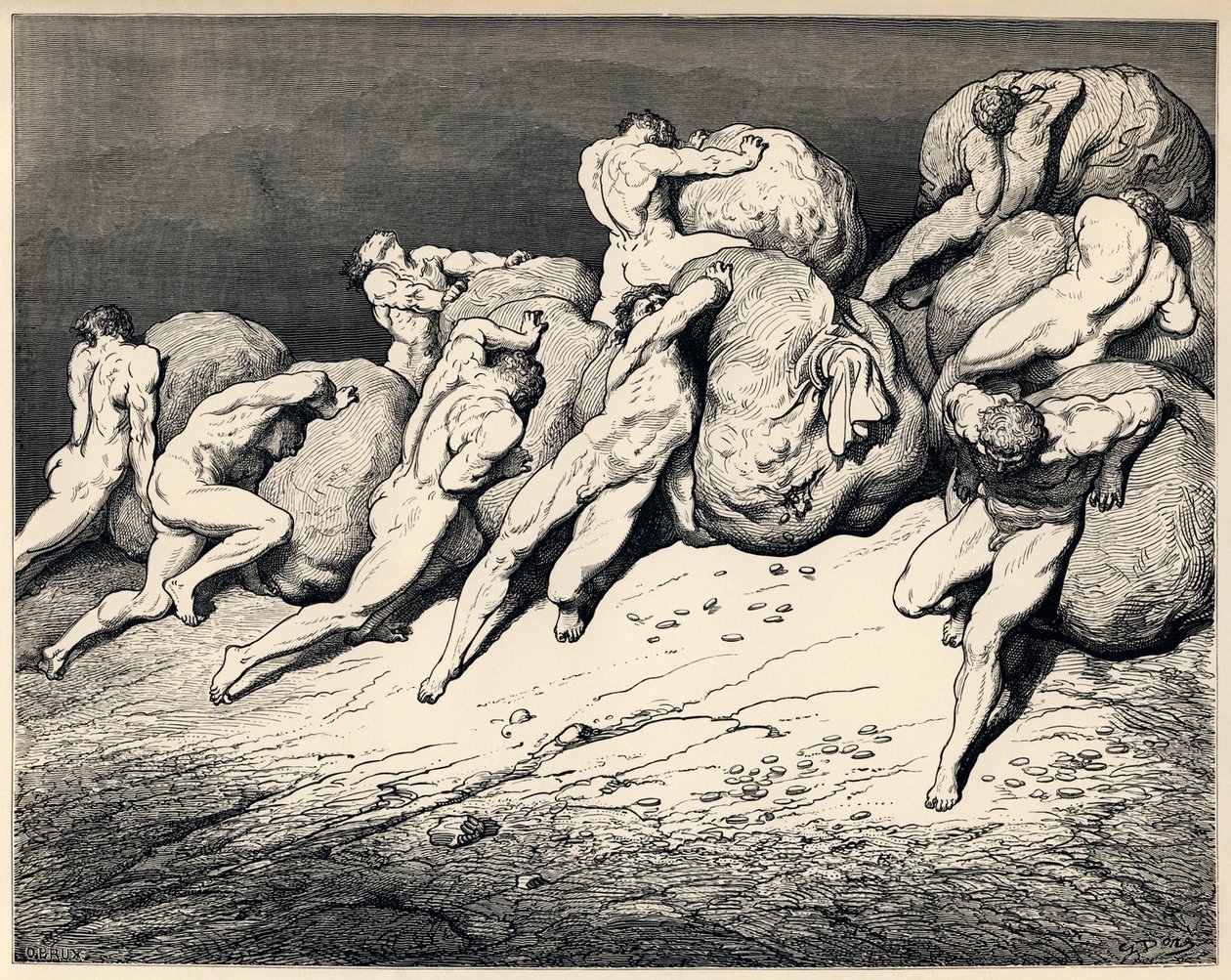 ho积者和浪费者。丹特·阿利吉耶里（Dante Alighieri）的神曲喜剧插图，1857年 作者 古斯塔夫·多尔（Gustave Dore）