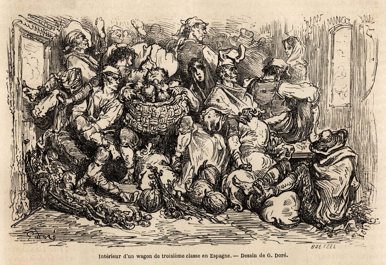 The interior of a third class wagon in Spain, drawing by Gustave Dore (1832-1883), to illustrate his journey to Spain, with C. Davillier, in 1862. Engraving in “” Le tour du monde “”, edited by Edouard Charton 作者 古斯塔夫·多尔（Gustave Dore）