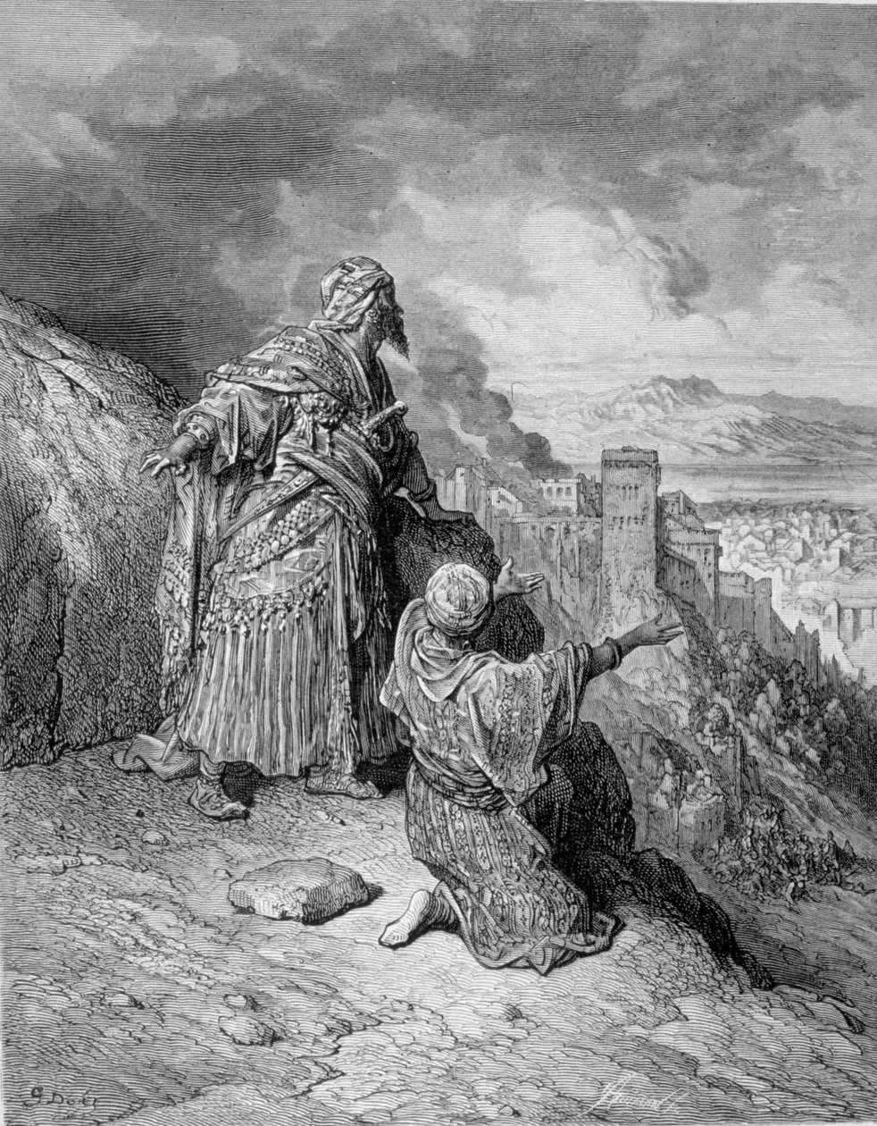 1492 年，最后一位阿拉伯国王在被天主教徒围攻后放弃了格拉纳达。 Gustave Doré 雕刻 作者 古斯塔夫·多尔（Gustave Dore）