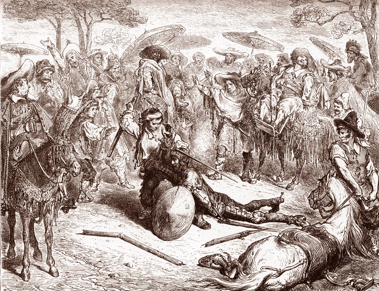 托莱多的商人看着他们的一名骡夫击败了古斯塔夫·多尔（Gustave Dore）（1832-1883）的《堂吉诃德》雕刻版米格尔·德·塞万提斯（Miguel de Cervantes）（1547-1616）的“天才伊达尔戈·唐吉诃德·吉诃德”1863年私人收藏 作者 古斯塔夫·多尔（Gustave Dore）
