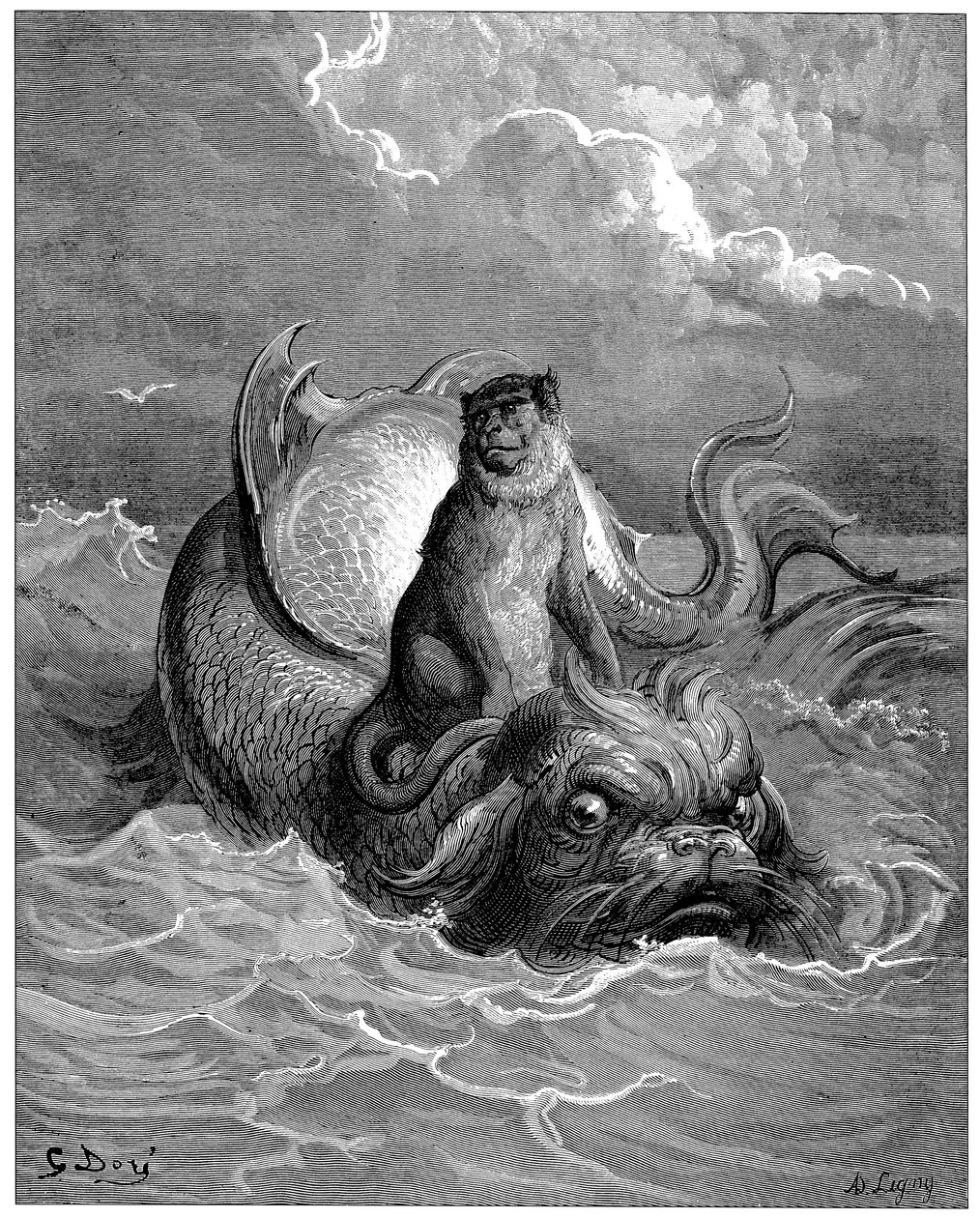 猴子和海豚：寓言，让-德-拉封丹（1621-1695 年）的寓言。插图由古斯塔夫-多尔（1832-1883 年）绘制。 作者 古斯塔夫·多尔（Gustave Dore）