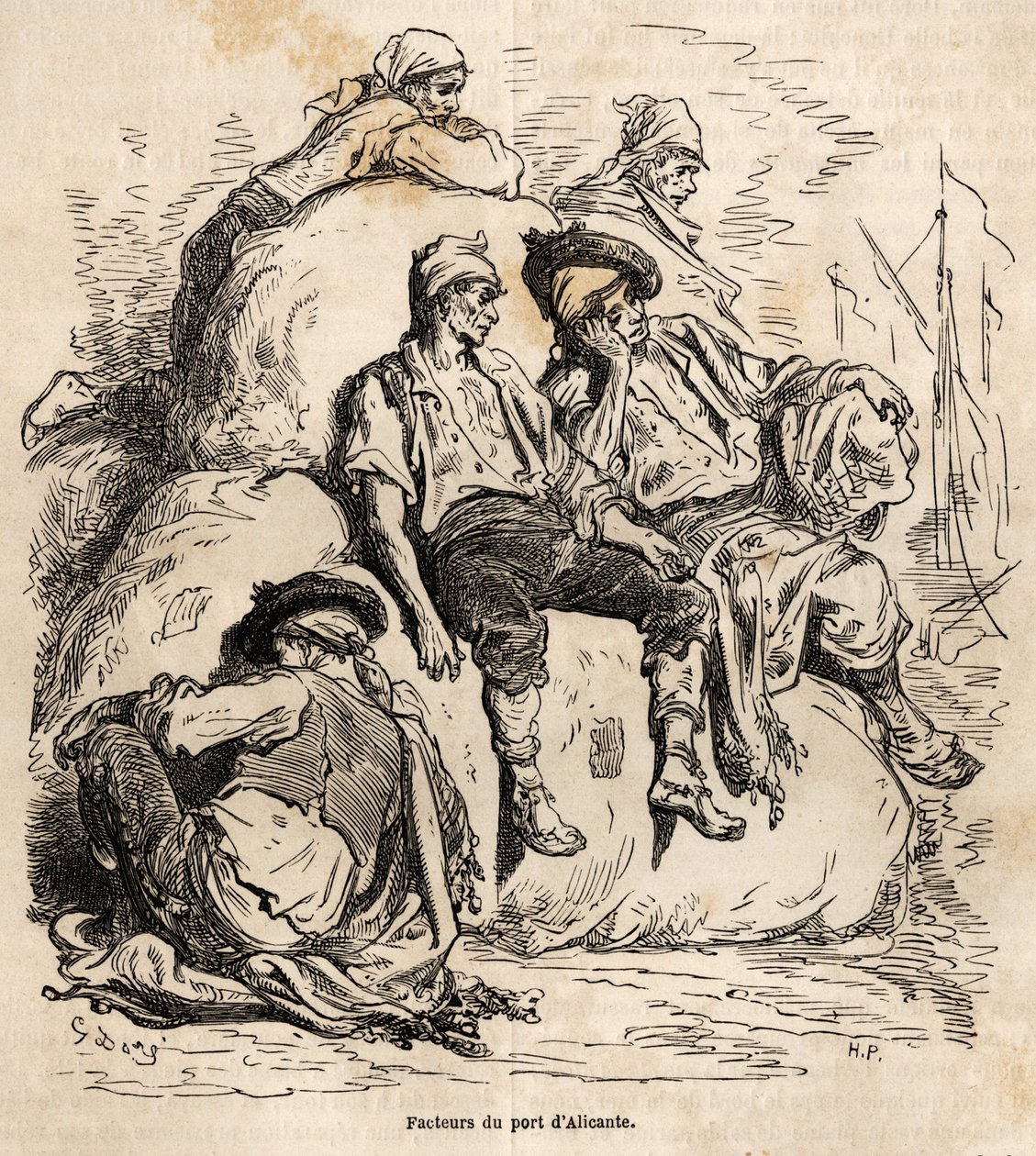 阿利坎特港口承运人的小憩，这是古斯塔夫-多尔（1832-1883）为说明他在1862年与达维利耶的西班牙之旅而绘制的草图。雕刻在《世界之旅》中，由Edouard Charton编辑。 作者 古斯塔夫·多尔（Gustave Dore）