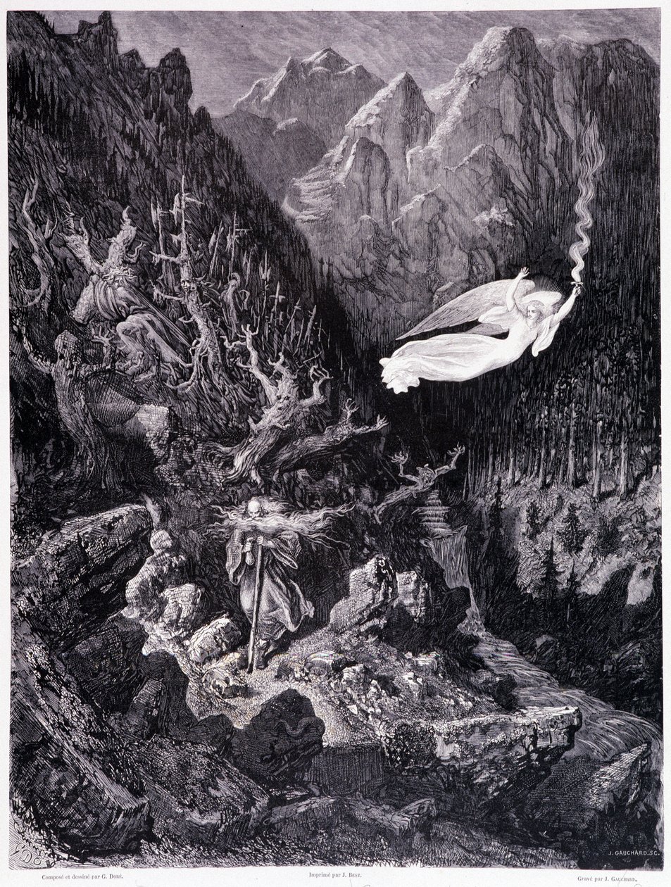 The old man holding a purse and his stick walking in a hostile landscape is surmounted by an angel waving a spee of fire, Plate VII - Illustration by Gustave Dore (1832-1883), for La legende du Jew wandering by Pierre Dupont, Edition Librairie du magasin p 作者 古斯塔夫·多尔（Gustave Dore）