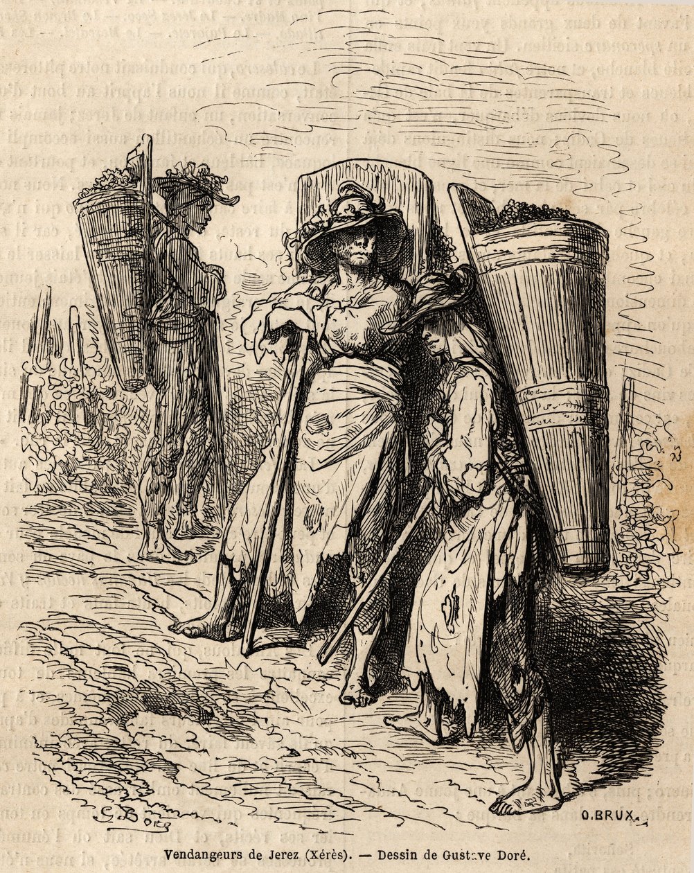 Xeres 的采摘者。 古斯塔夫·多尔（Gustave Dore，1832-1883 年）的绘画，以说明他 1862 年的西班牙之行，与 Ch. 戴维利耶。 雕刻在“Le tour du monde”，Edouard Charton 编辑 作者 古斯塔夫·多尔（Gustave Dore）
