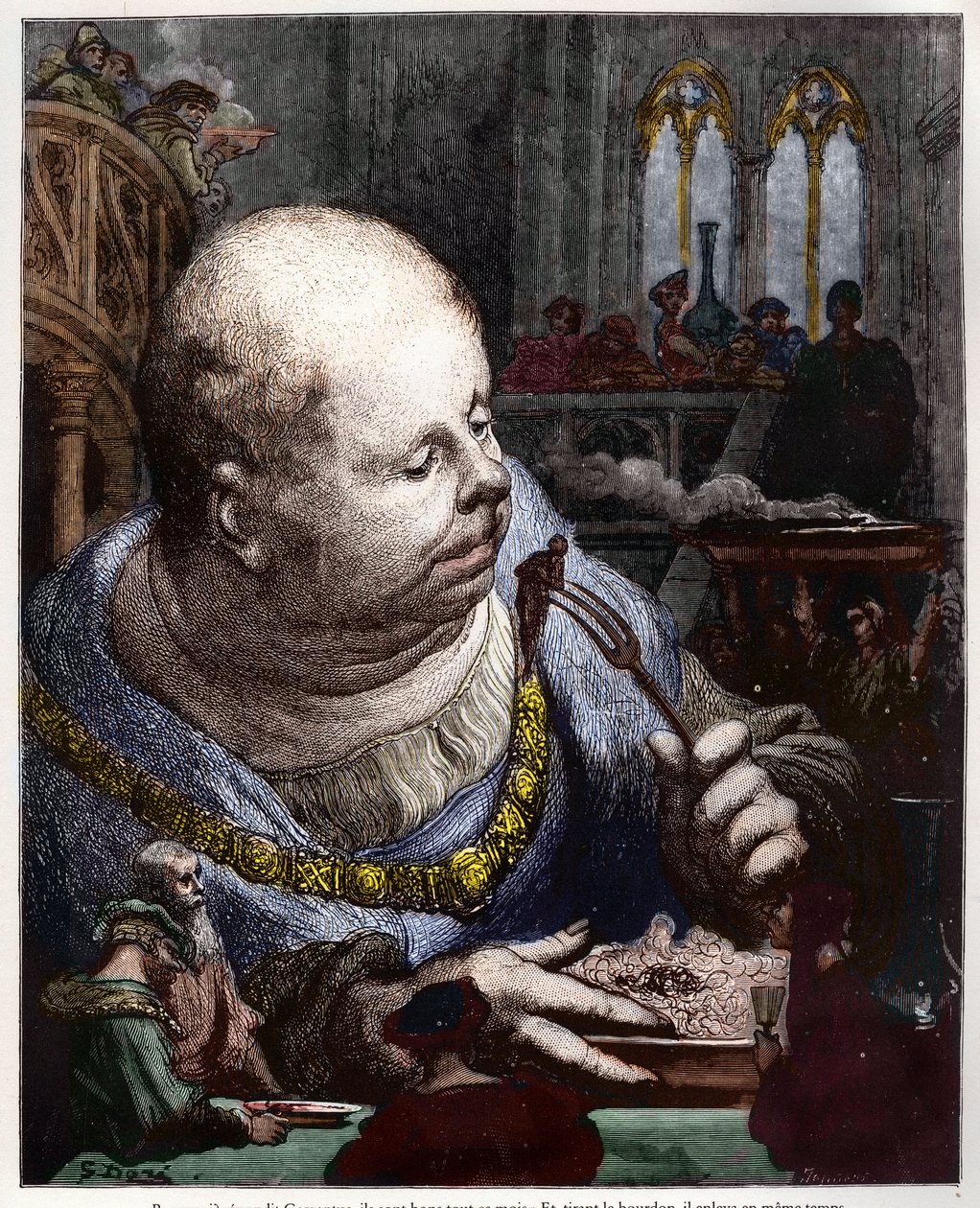 朝圣者在沙拉中食用-弗朗索瓦·拉贝莱伊斯（Francois Rabelais）的插图“加尔古塔（Gargantua）和潘塔格鲁尔（Pantagruel）”插图-古斯塔夫·多尔（Gustave Dore）雕刻 作者 古斯塔夫·多尔（Gustave Dore）