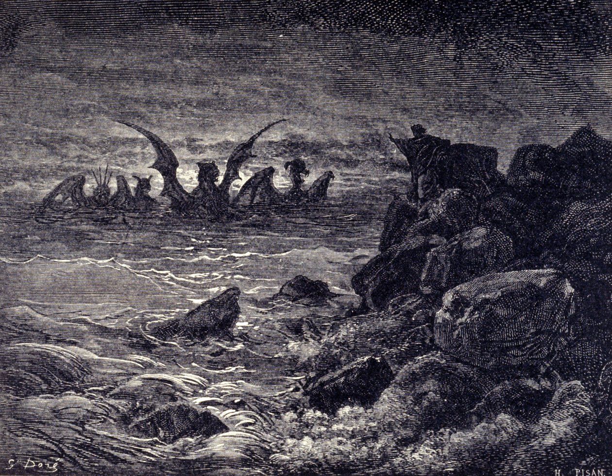 先知丹尼尔看到怪物出现：Haniel、Kafziel、Azriel、Aniel。 Gustave Dore 插图的圣经雕刻。 19世纪 作者 古斯塔夫·多尔（Gustave Dore）