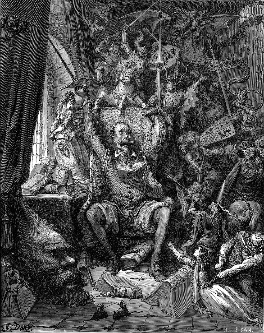 朗读《堂吉诃德》（堂吉诃德或吉诃德）。 古斯塔夫·多尔 (Gustave Dore) 雕刻，插图为米格尔·德·塞万提斯·萨维德拉 (Miguel de Cervantes Saavedra) 所著的《L