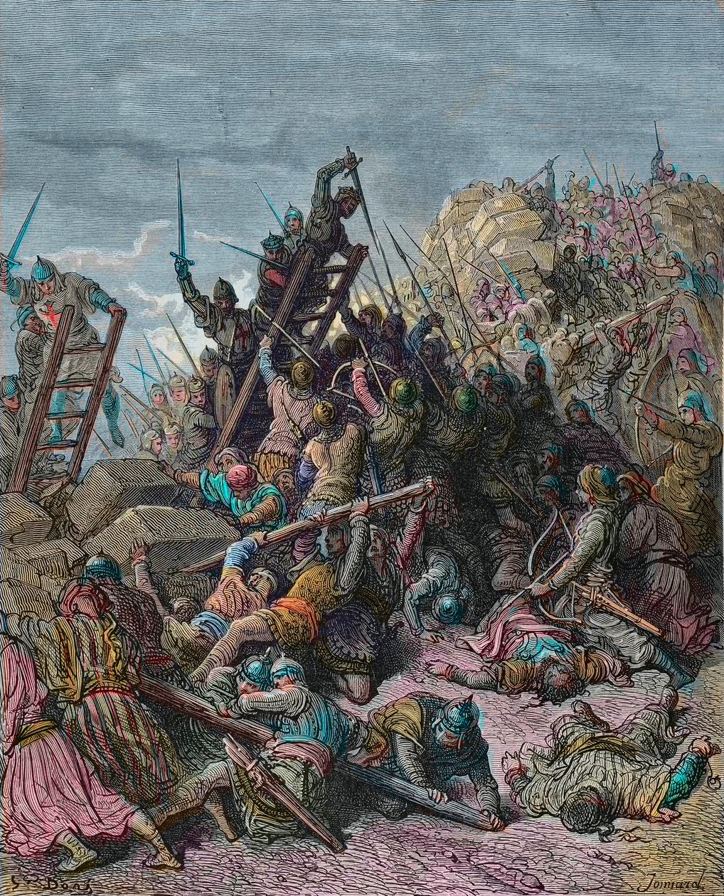 第三次十字军东征期间对托勒密的围攻1189年--古斯塔夫-多尔（Gustave Dore）的雕刻，出自约瑟夫-弗朗索瓦-米肖（Joseph-Francois Michaud）的《十字军东征史》--1191年围攻圣让-阿卡（以色列）。在第三次十字军东征期间，穿着盔甲的士兵包围了设防的城市。 作者 古斯塔夫·多尔（Gustave Dore）